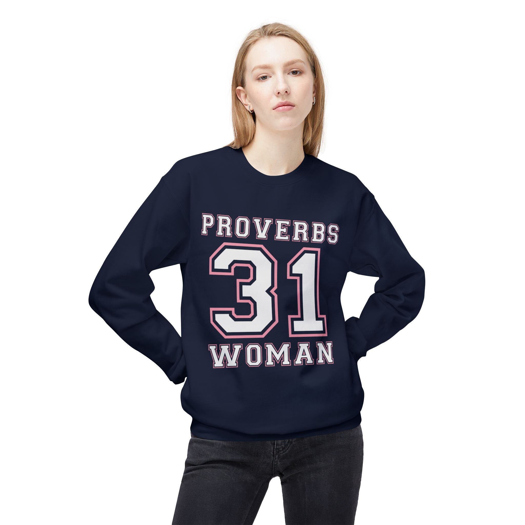 Unisex midweight fleece crewneck sweatshirt with Proverbs 31 Woman design, soft cotton blend, in a casual fit.