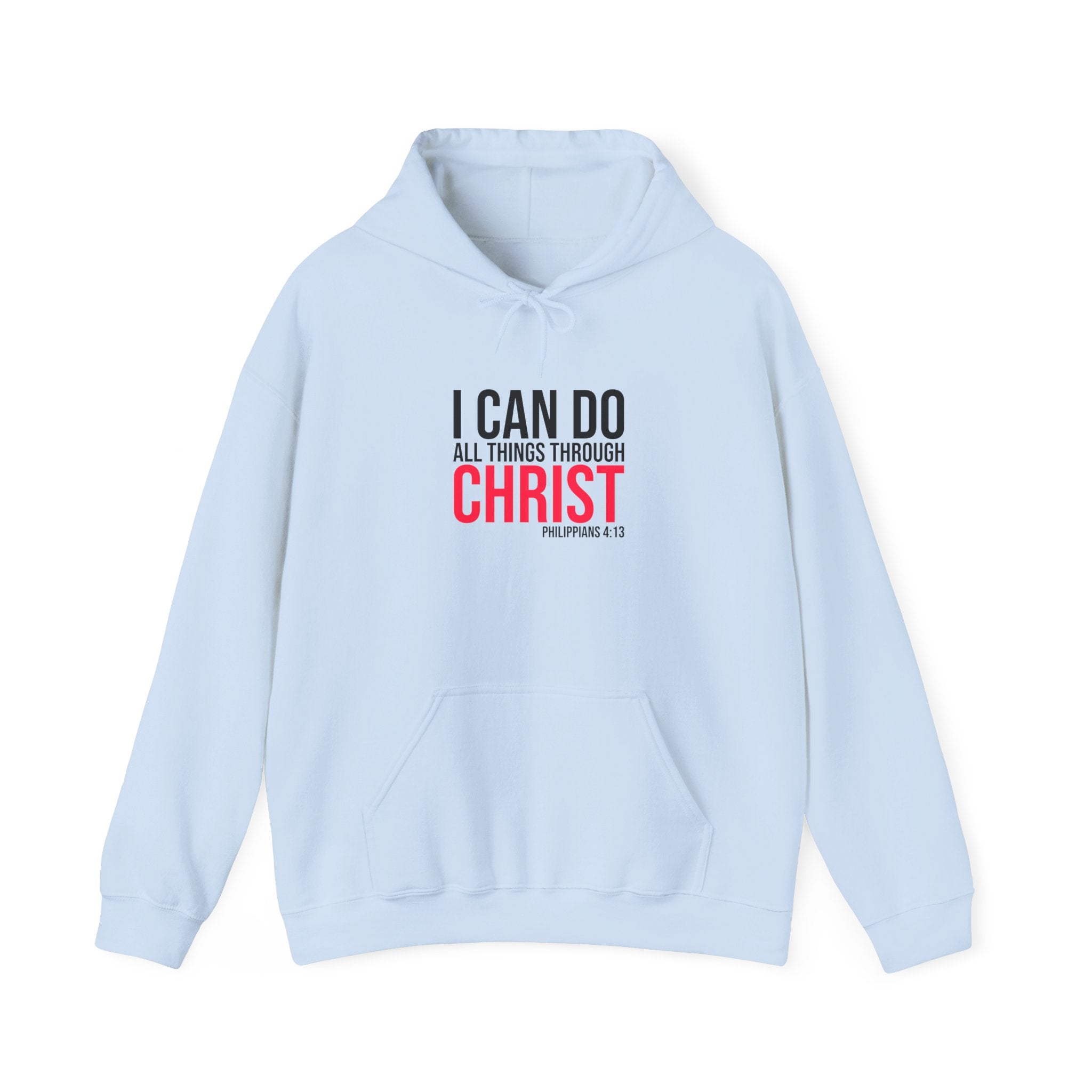 Unisex heavy blend hoodie with inspirational Christian quote "I Can Do All Things Through Christ" printed on front, by Printify.