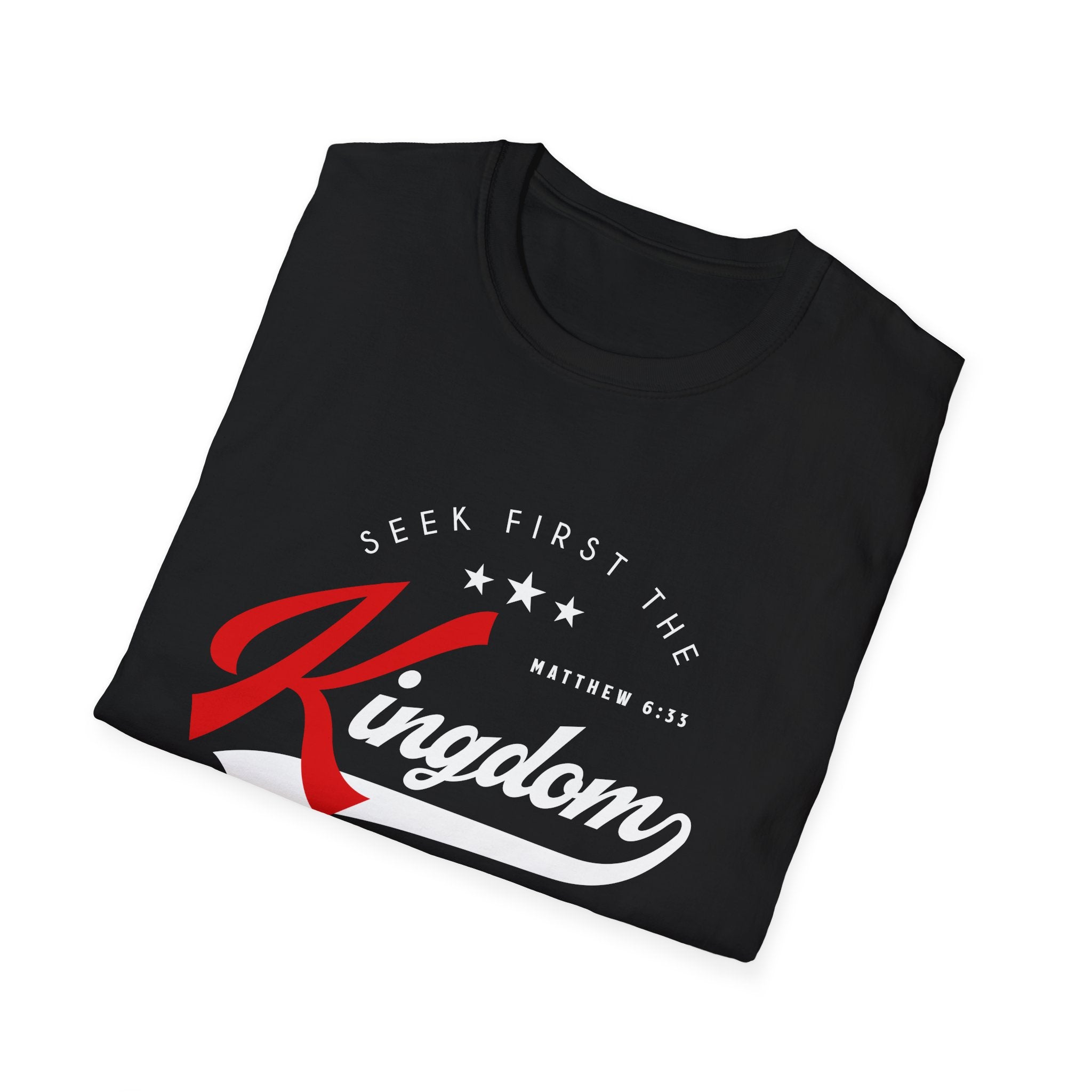 Unisex Softstyle T-shirt with "Seek First the Kingdom of God" printed message, made by Printify, in white and black fabric.
