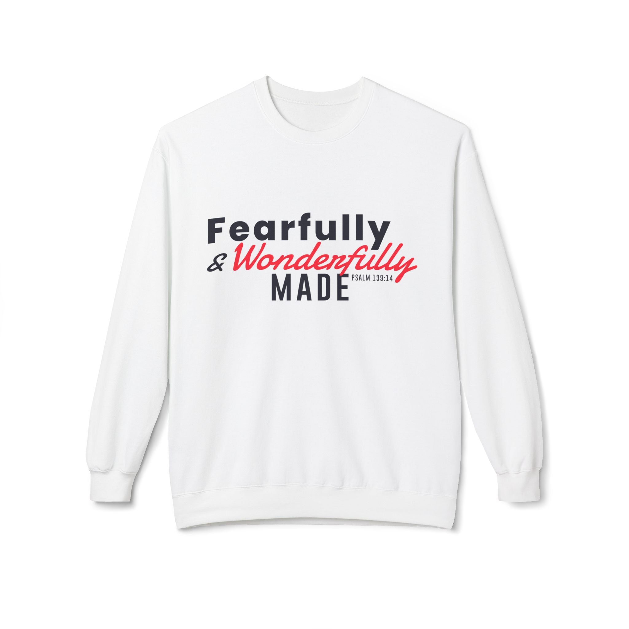 Unisex midweight softstyle fleece crewneck sweatshirt with "Fearfully and Wonderfully Made" print, by Printify.