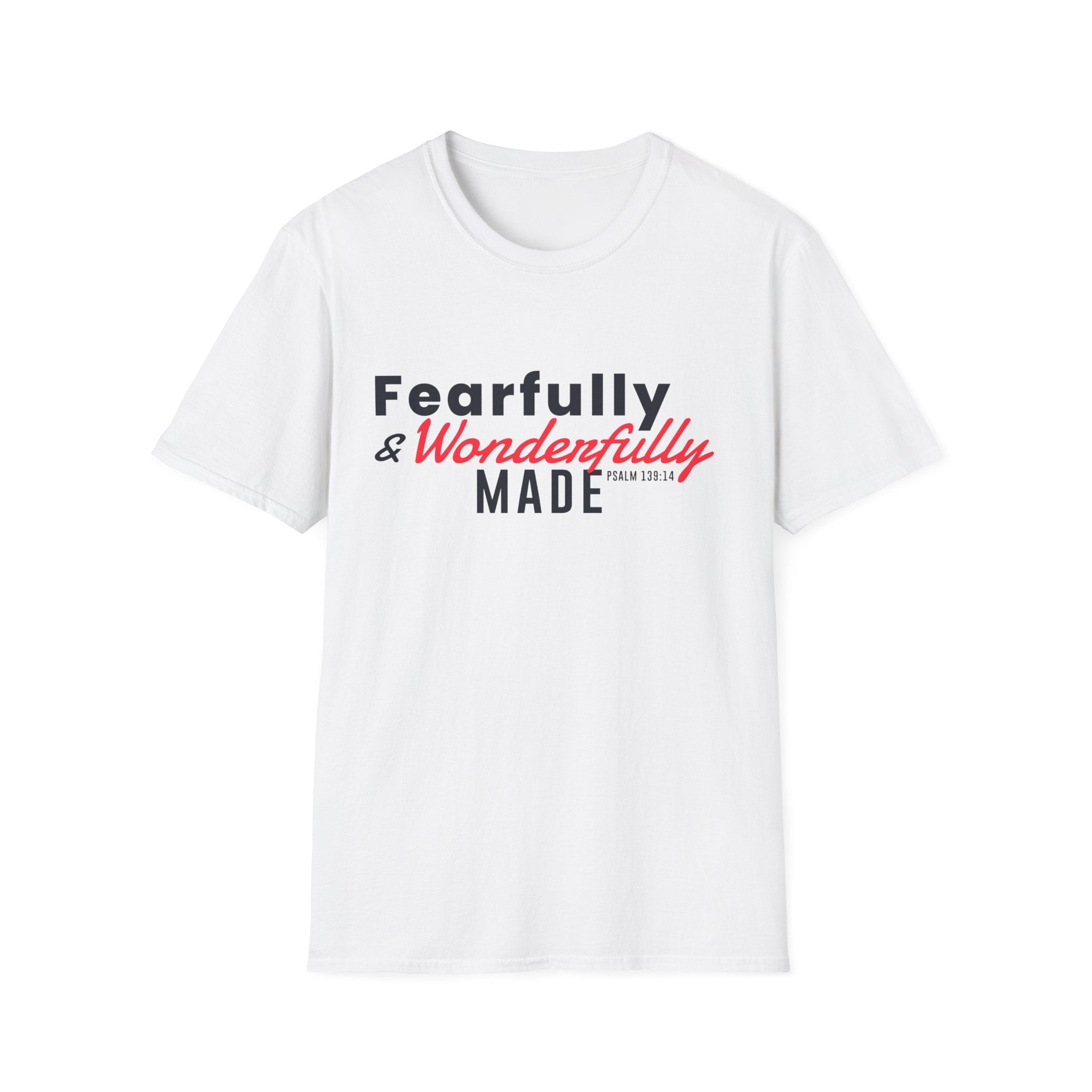 Unisex softstyle T-shirt with "Fearfully and Wonderfully Made" printed design, by Printify, shown in a close-up image.