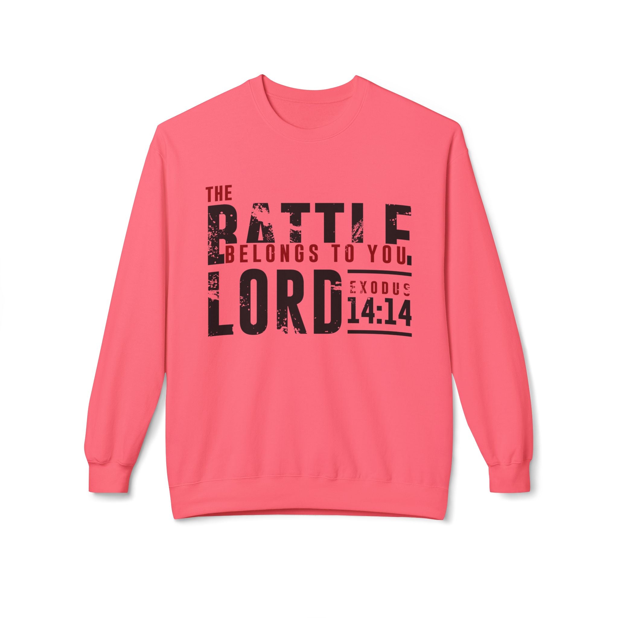 Unisex midweight softstyle fleece crewneck sweatshirt with "The Battle Belongs to the Lord" printed design, by Printify