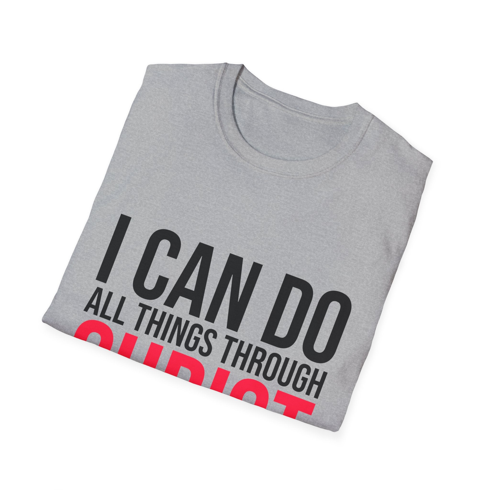 Unisex softstyle T-shirt with Christian quote "I Can Do All Things Through Christ" printed on front, by Printify.