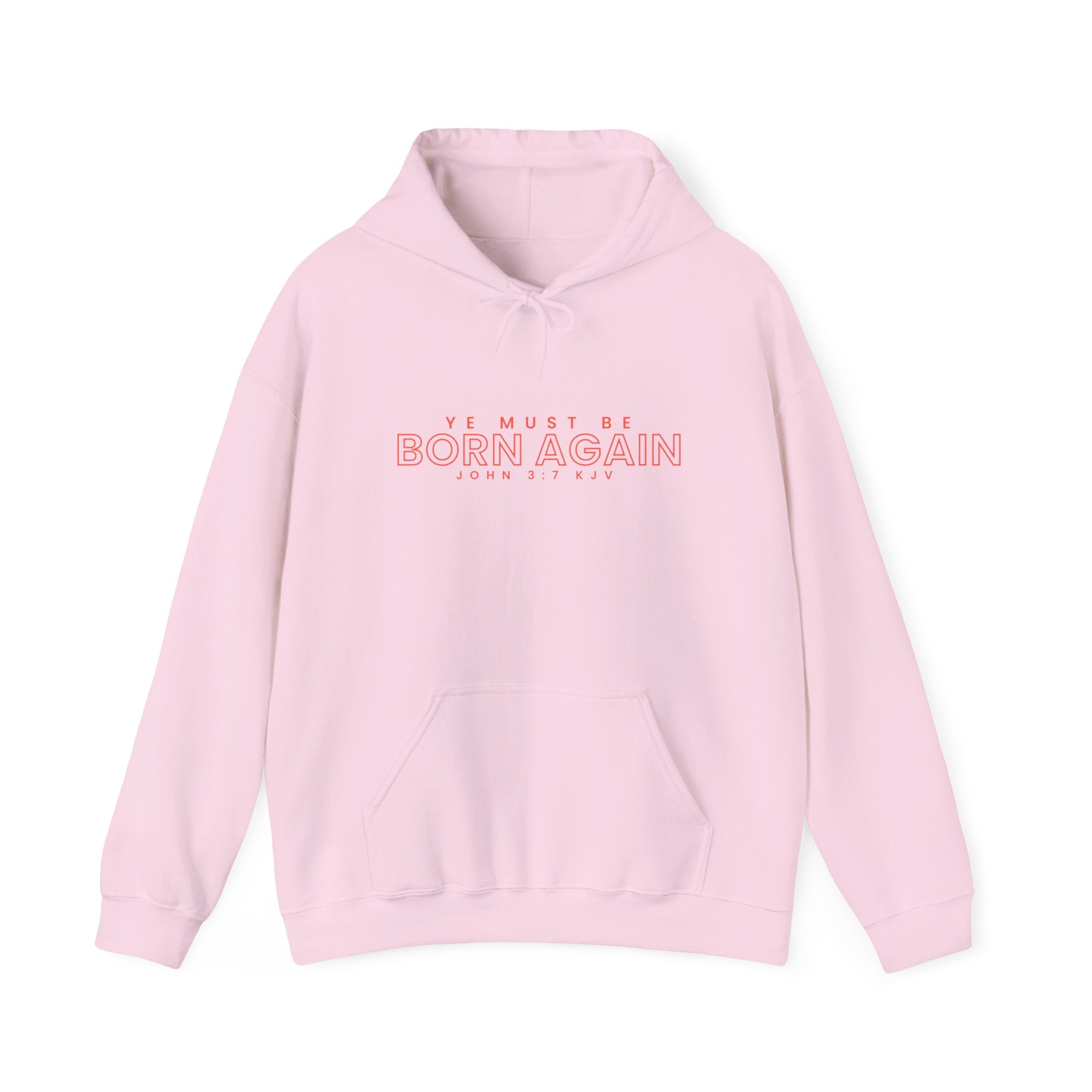 Unisex Heavy Blend hoodie featuring "Ye Must Be Born Again" print, in black with front pouch pocket and drawstring hood.