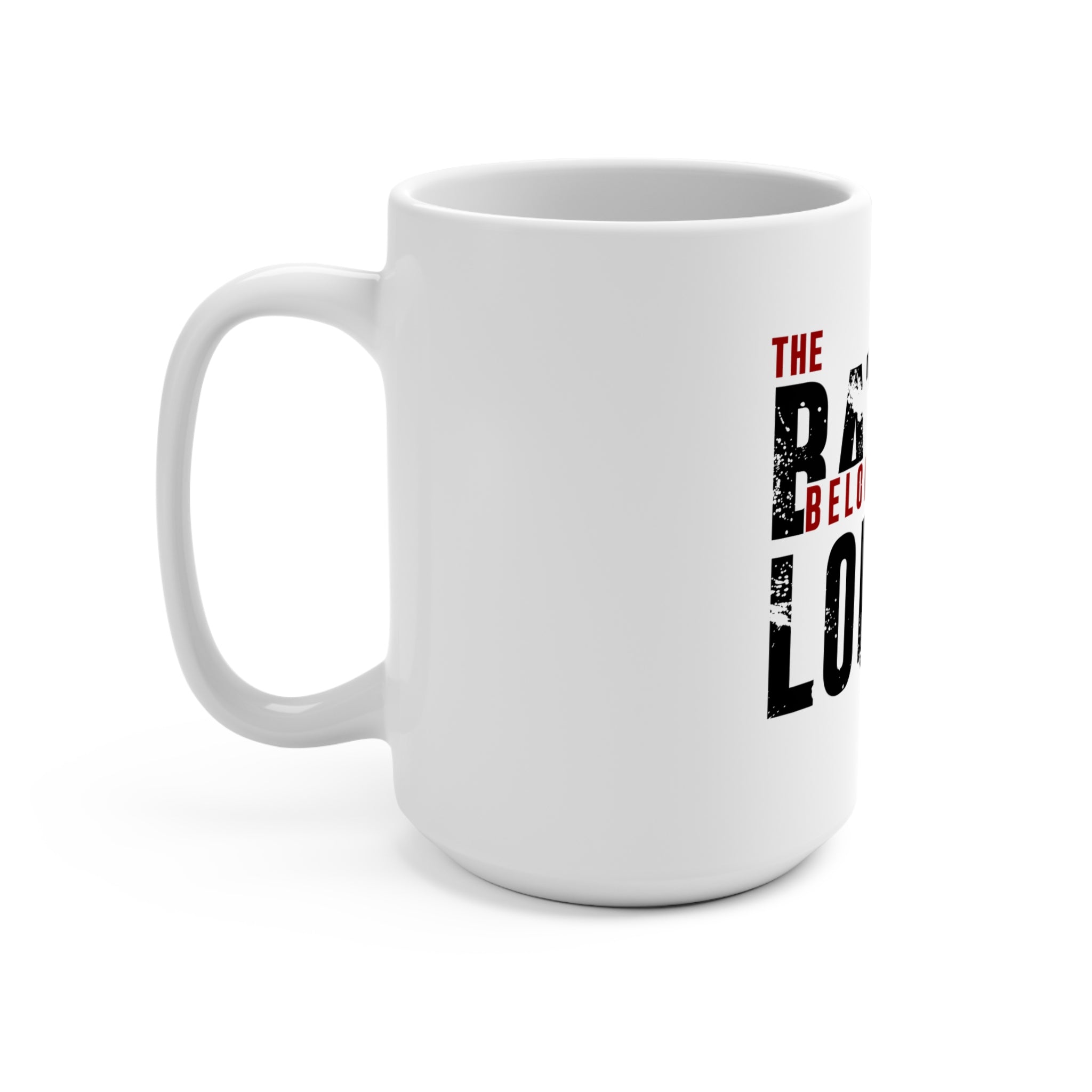 White 15oz Mug featuring "The Battle Belongs to the Lord" printed design, made by Printify.