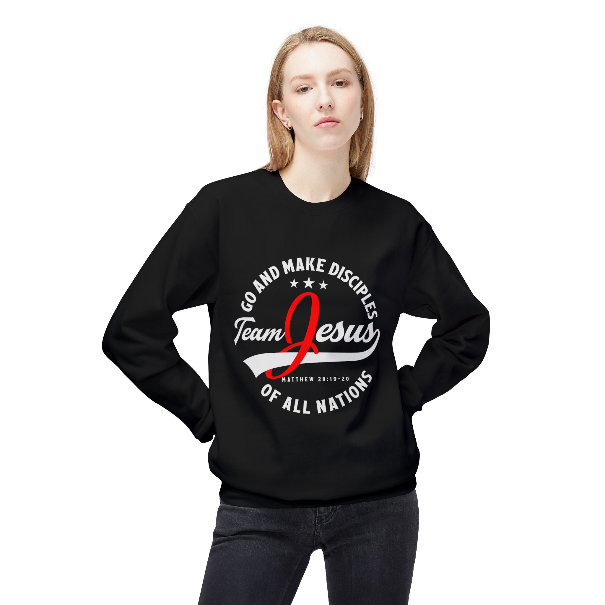 Unisex midweight softstyle fleece crewneck sweatshirt with "Team Jesus" print, in a comfortable, casual fit by Printify.