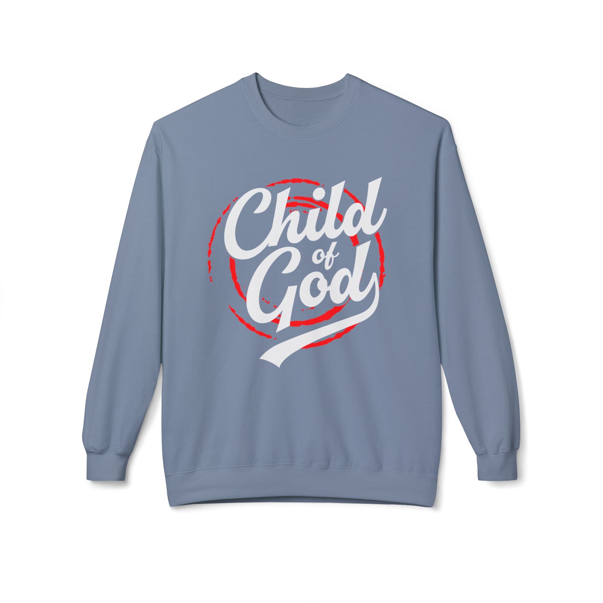 Unisex midweight softstyle fleece crewneck sweatshirt with "Child of God" print, comfortable casual wear by Printify.