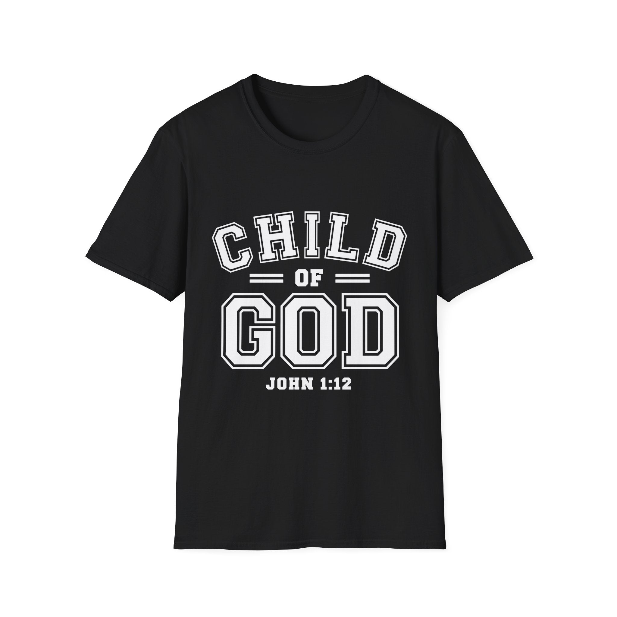 Unisex softstyle T-shirt featuring "Child of God" print, casual cotton shirt by Printify, displayed on a plain background.