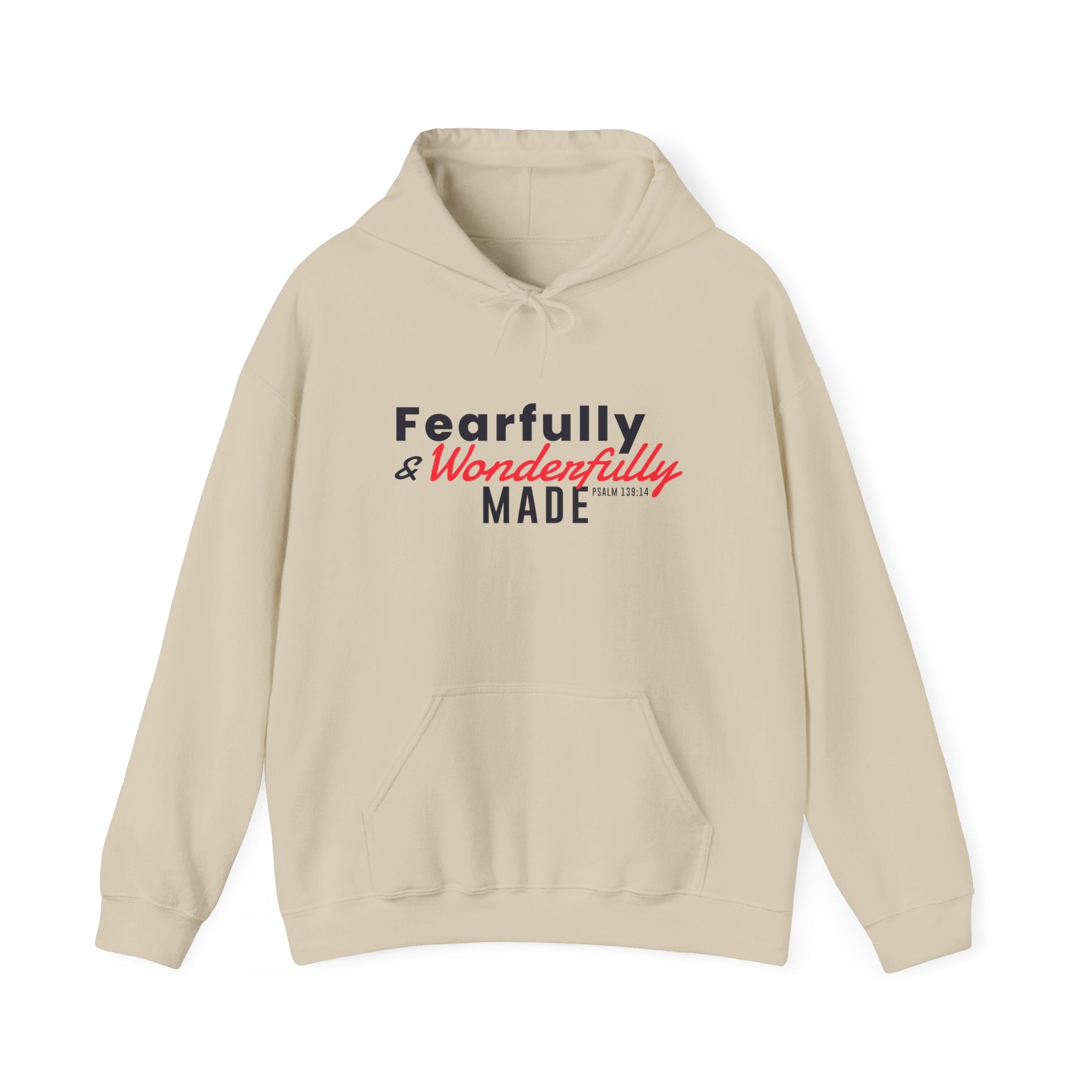 Unisex Heavy Blend hoodie with "Fearfully and Wonderfully Made" print, featuring a hood and front pocket in a casual style.