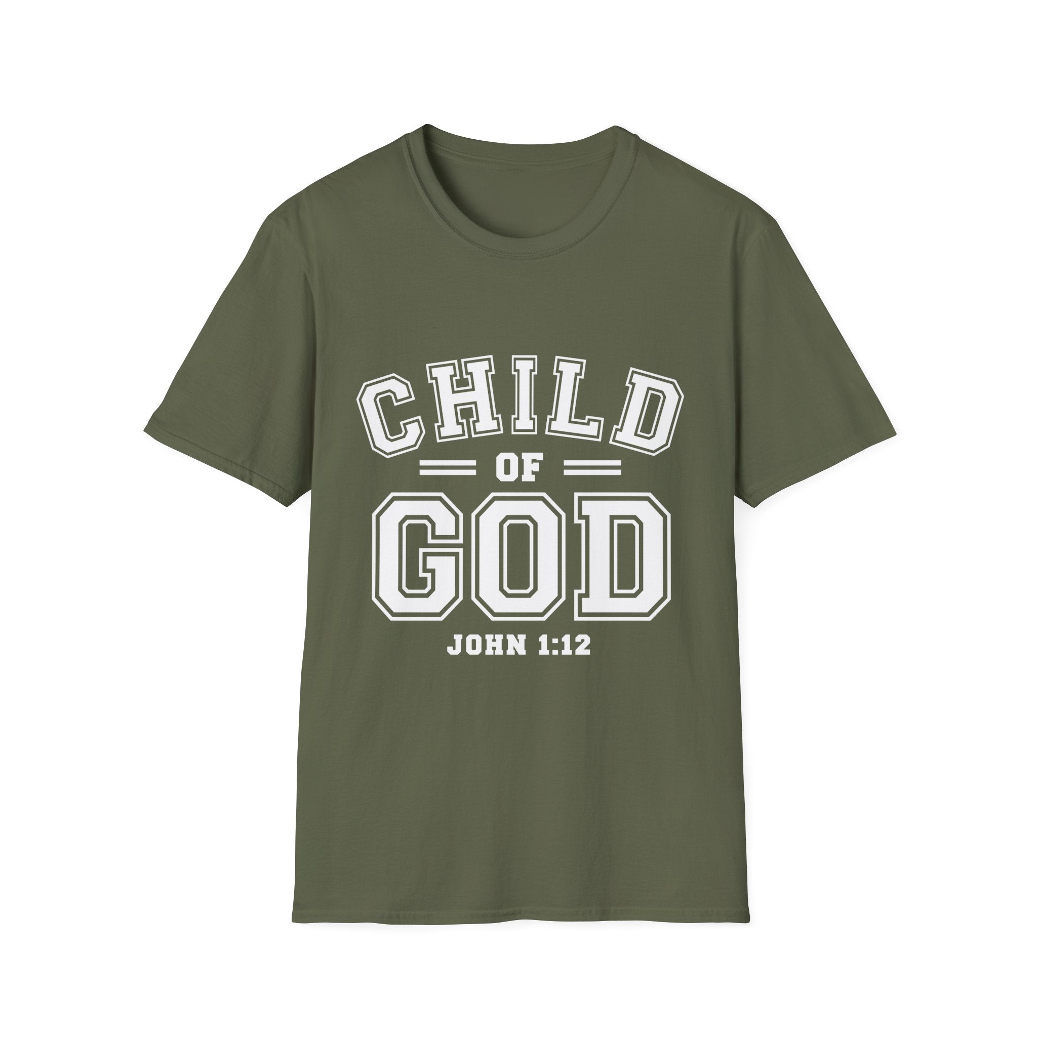 Unisex softstyle T-shirt featuring "Child of God" print, made by Printify, shown in a casual front view on a white background.