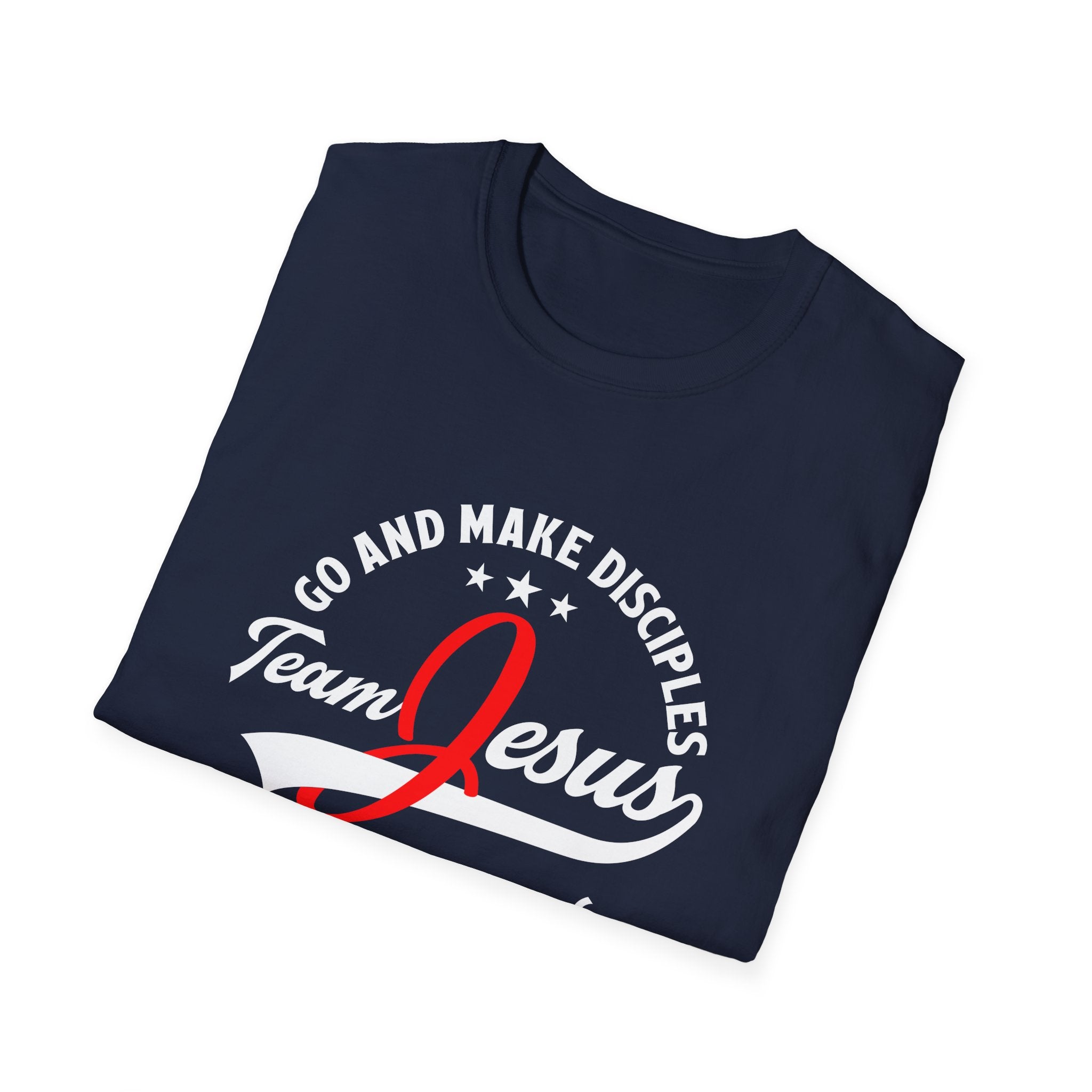Unisex softstyle T-shirt featuring Team Jesus print, made by Printify, shown in a casual fit with white fabric and graphic design.