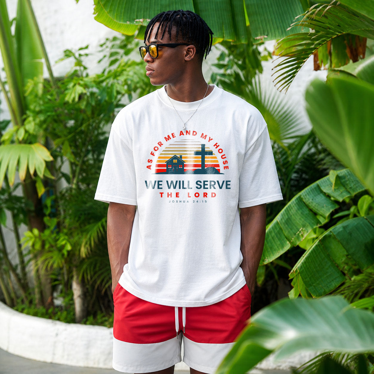 Unisex Softstyle T-Shirt with "As for Me and My House We Will Serve the Lord" print, made by Printify, showcasing front view.