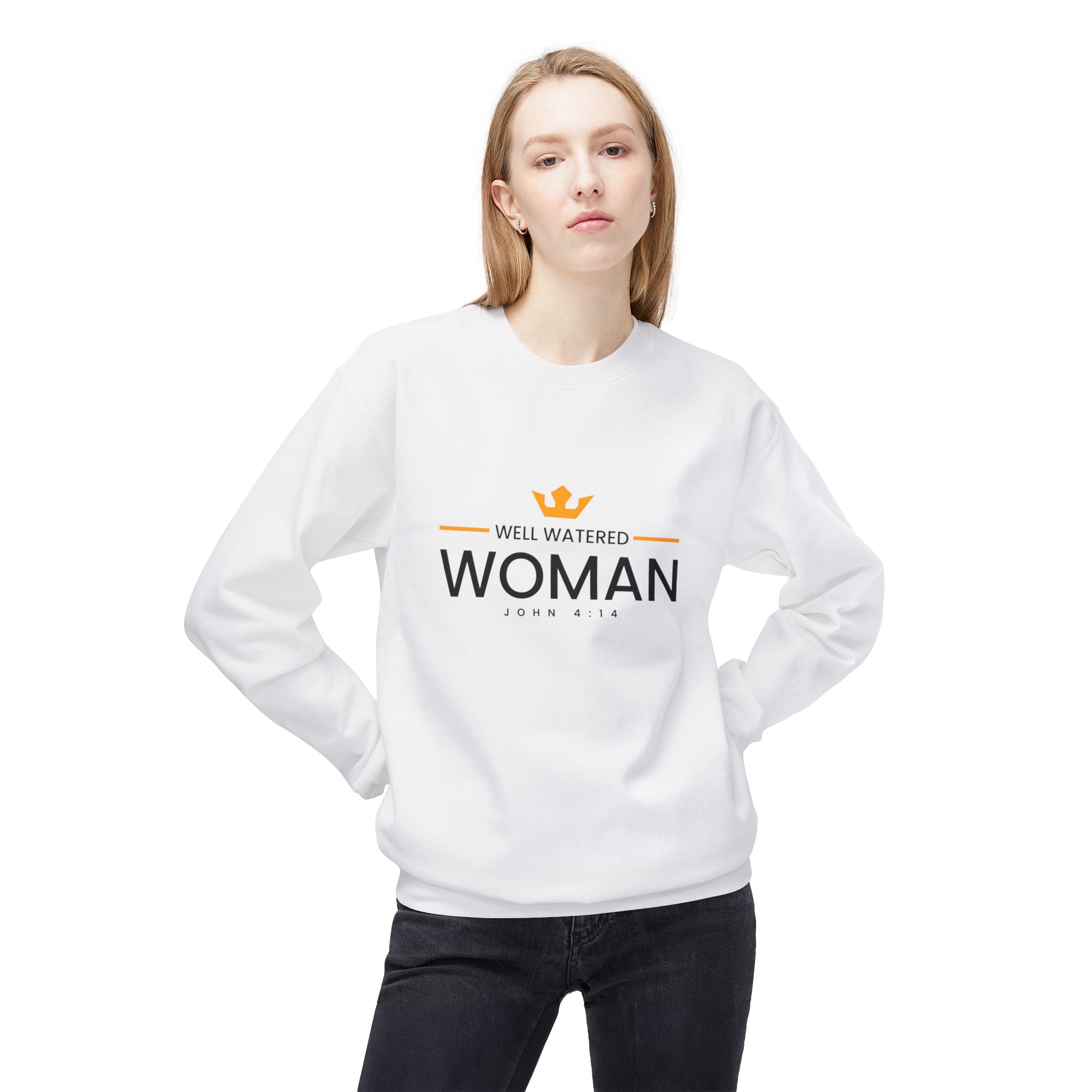 Unisex midweight softstyle fleece crewneck sweatshirt with "Well Watered Woman" design, in a cozy, casual fit.