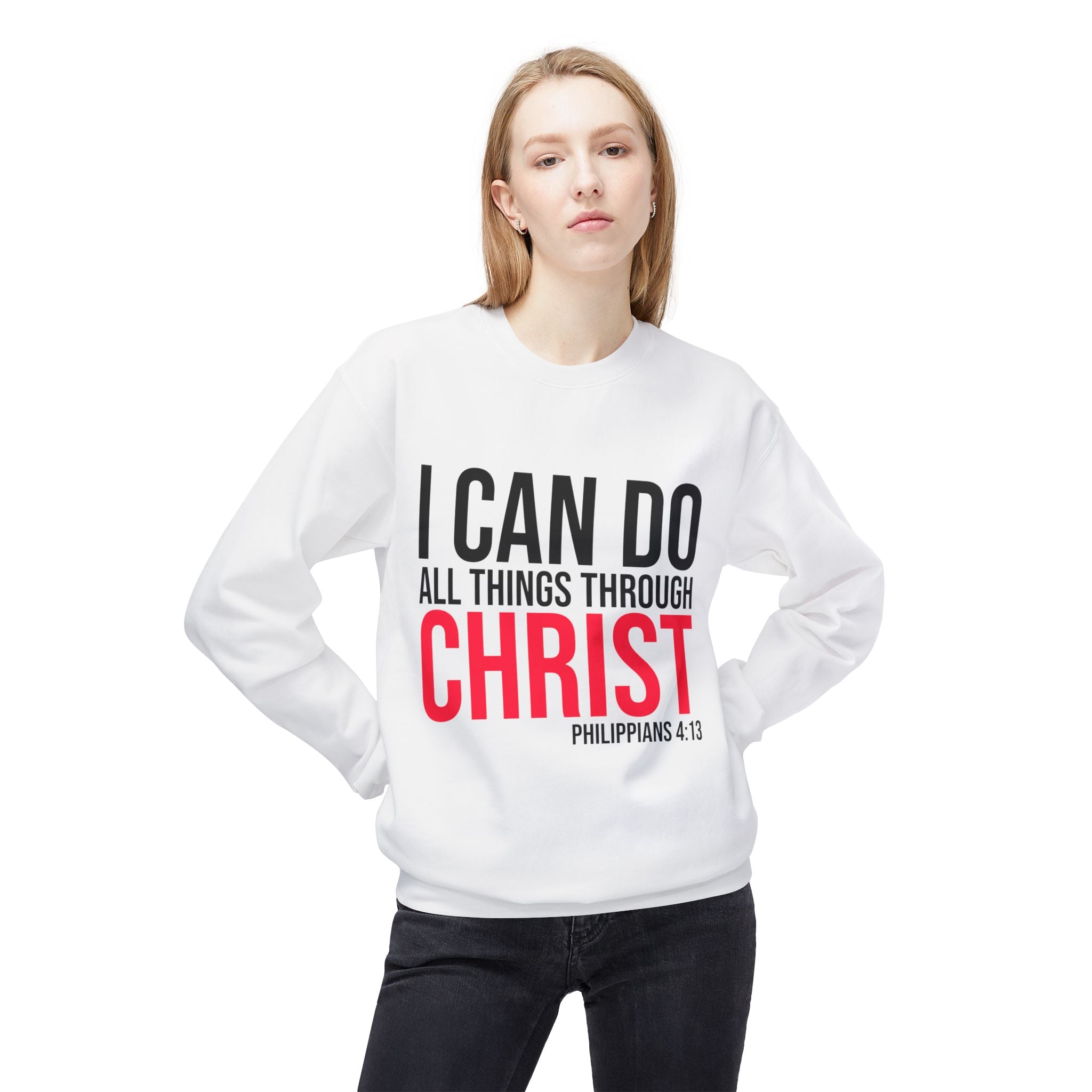 Unisex midweight softstyle fleece crewneck sweatshirt with "I Can Do All Things Through Christ" print by Printify.