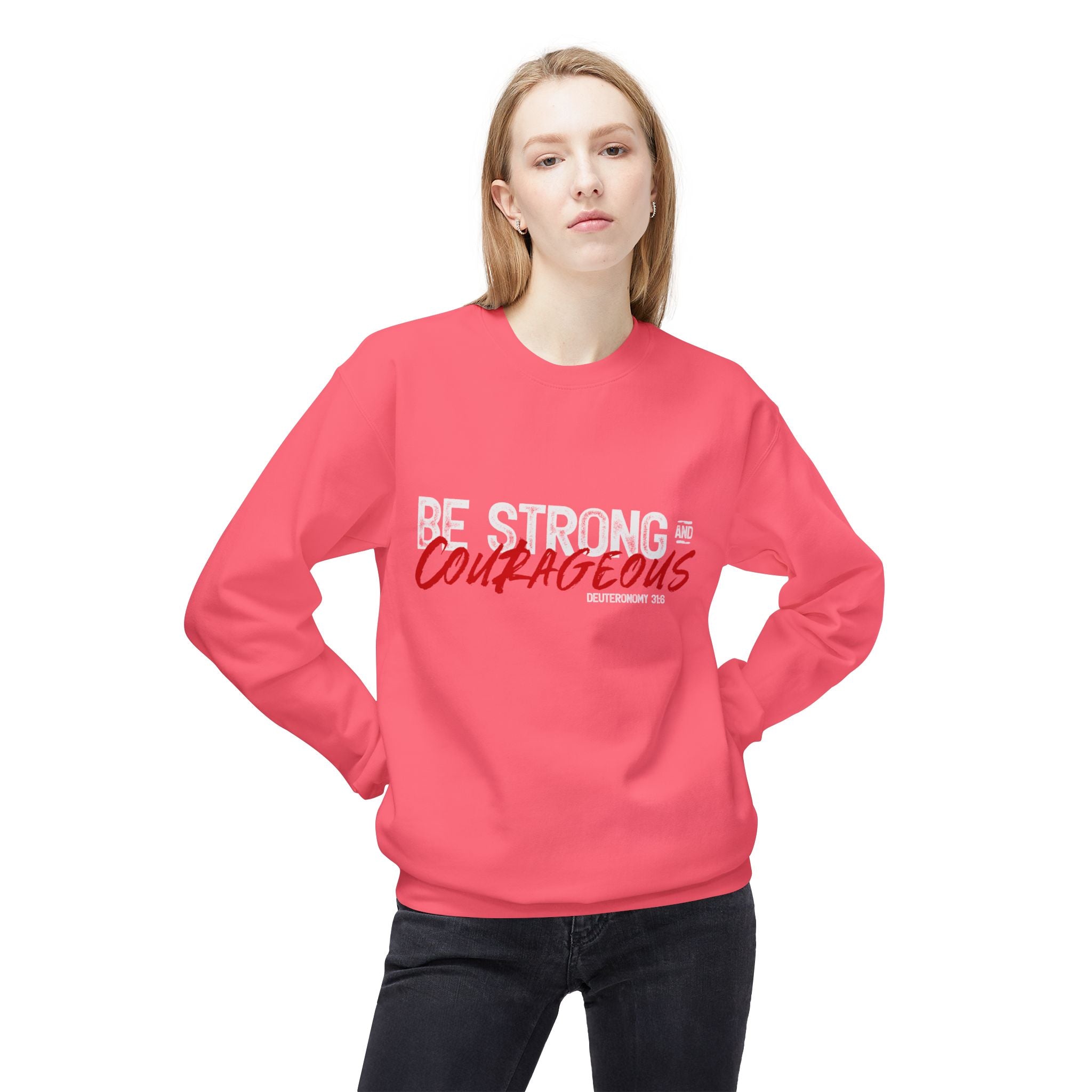 Unisex midweight softstyle fleece crewneck sweatshirt with "Be Strong and Courageous" print, worn by a person, casual style.