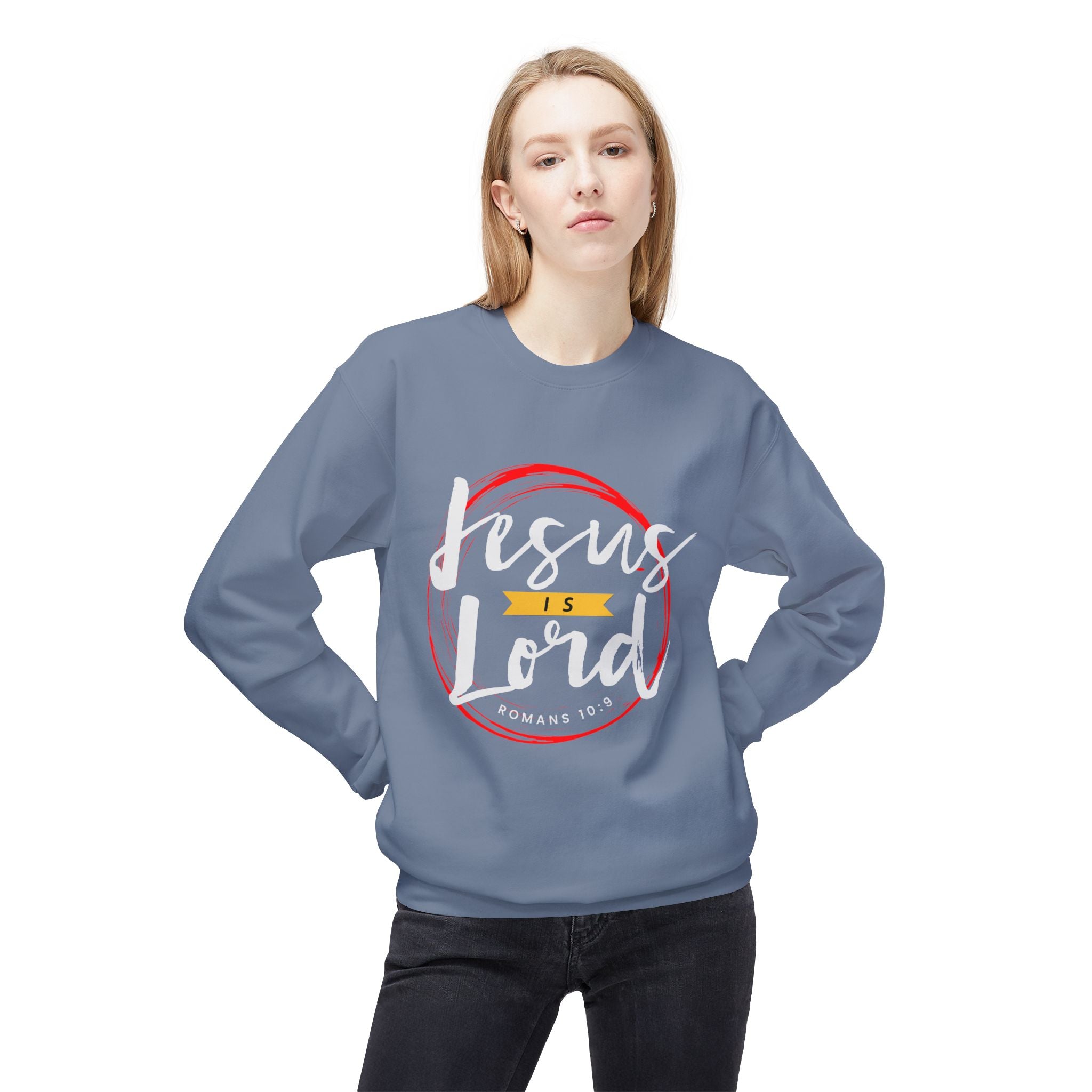 Unisex midweight softstyle fleece crewneck sweatshirt with "Jesus is Lord" printed design, black color, comfortable casual wear.