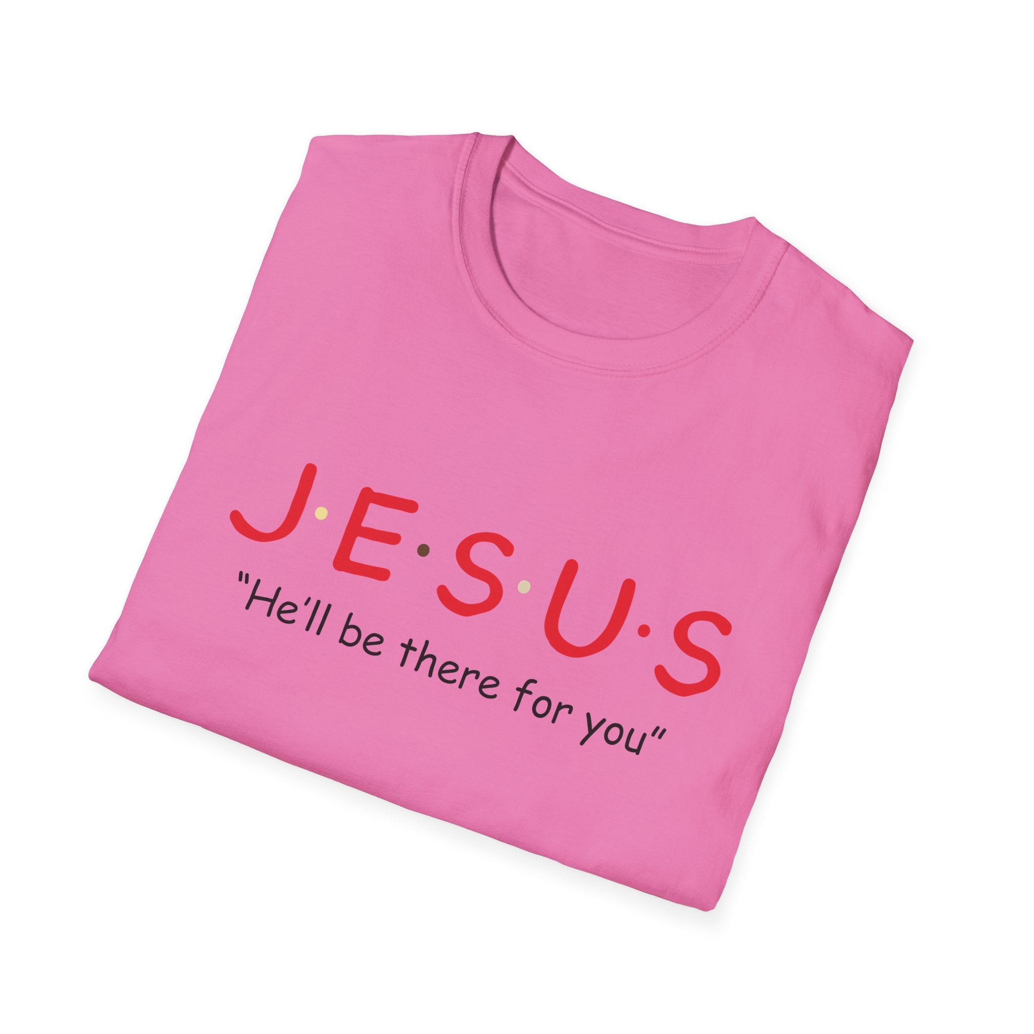 Unisex softstyle Jesus T-shirt from Printify featuring a religious graphic and uplifting message on a white fabric.