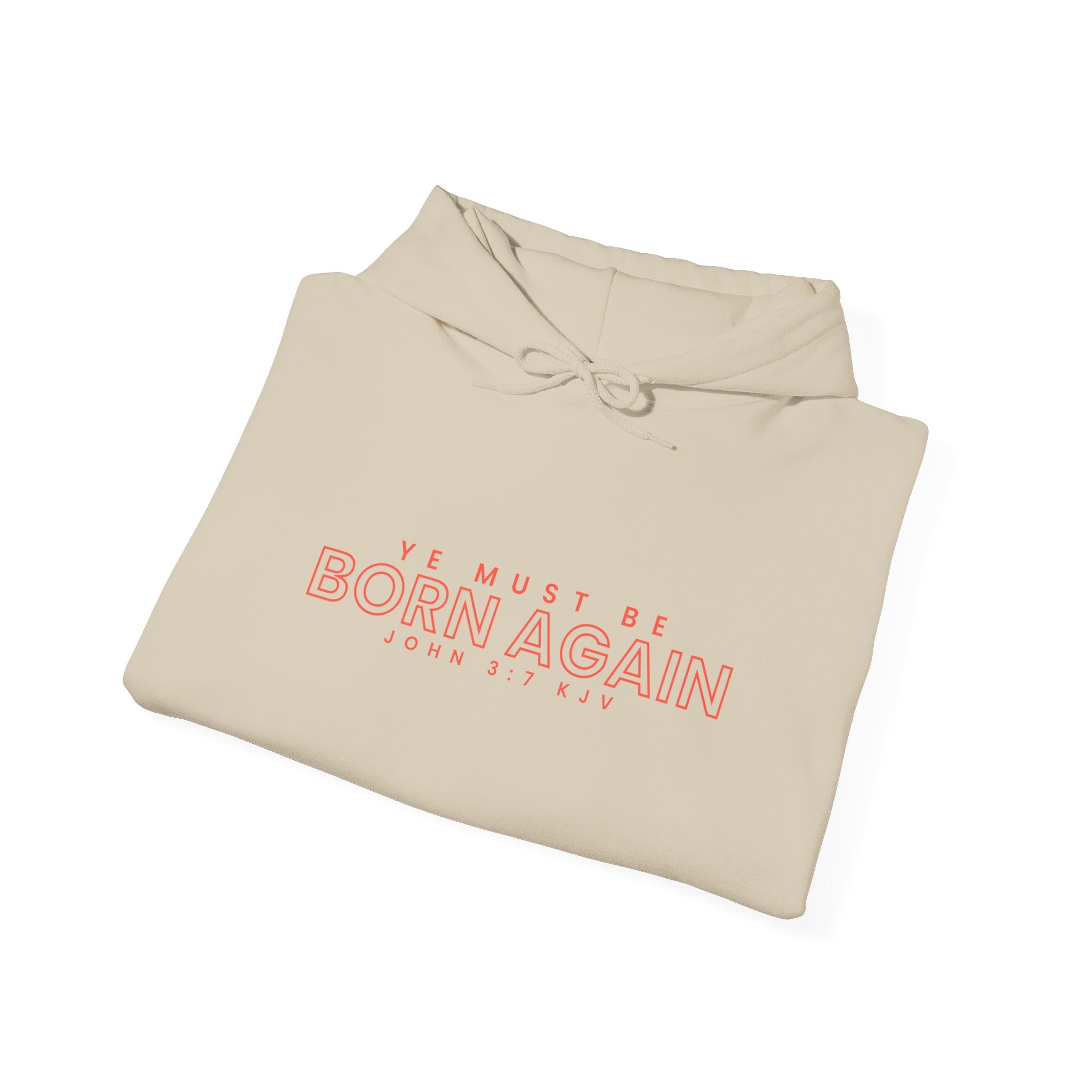 Unisex Heavy Blend hoodie with "Ye Must Be Born Again" text, black hoodie, front view, Printify brand, casual wear.