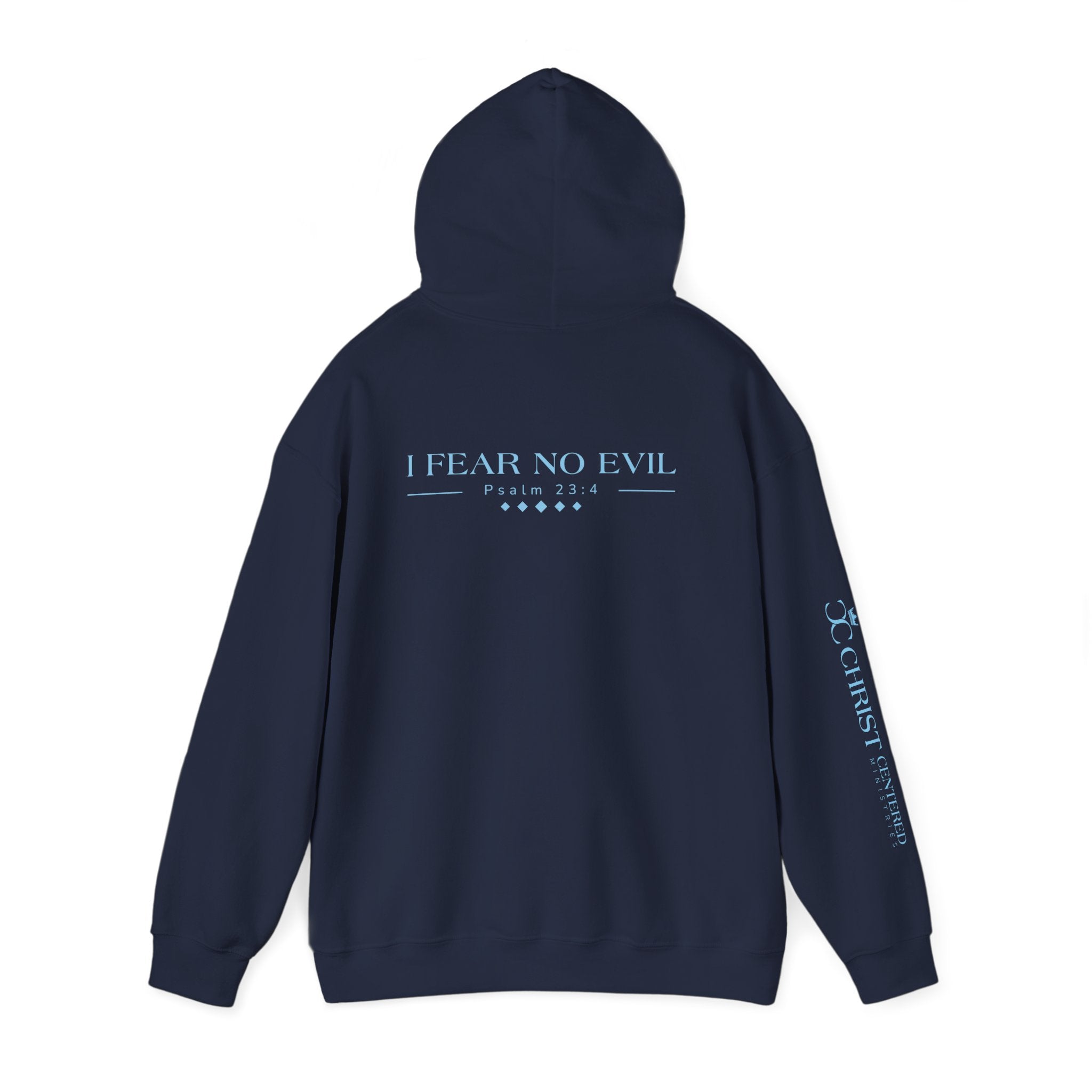 Unisex Crown CC Heavy Blend hoodie with "I FEAR NO EVIL" graphic, black sweatshirt, front view, casual style.