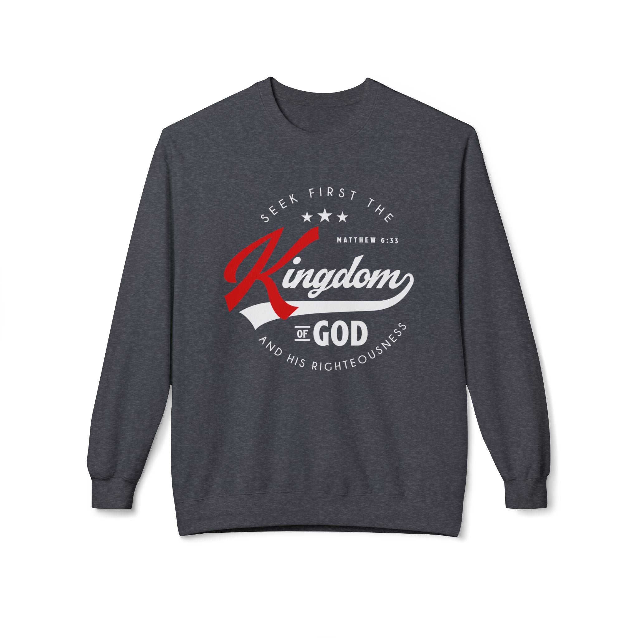 Unisex midweight softstyle fleece crewneck sweatshirt with "Seek First the Kingdom of God" print, in a comfortable, casual style.