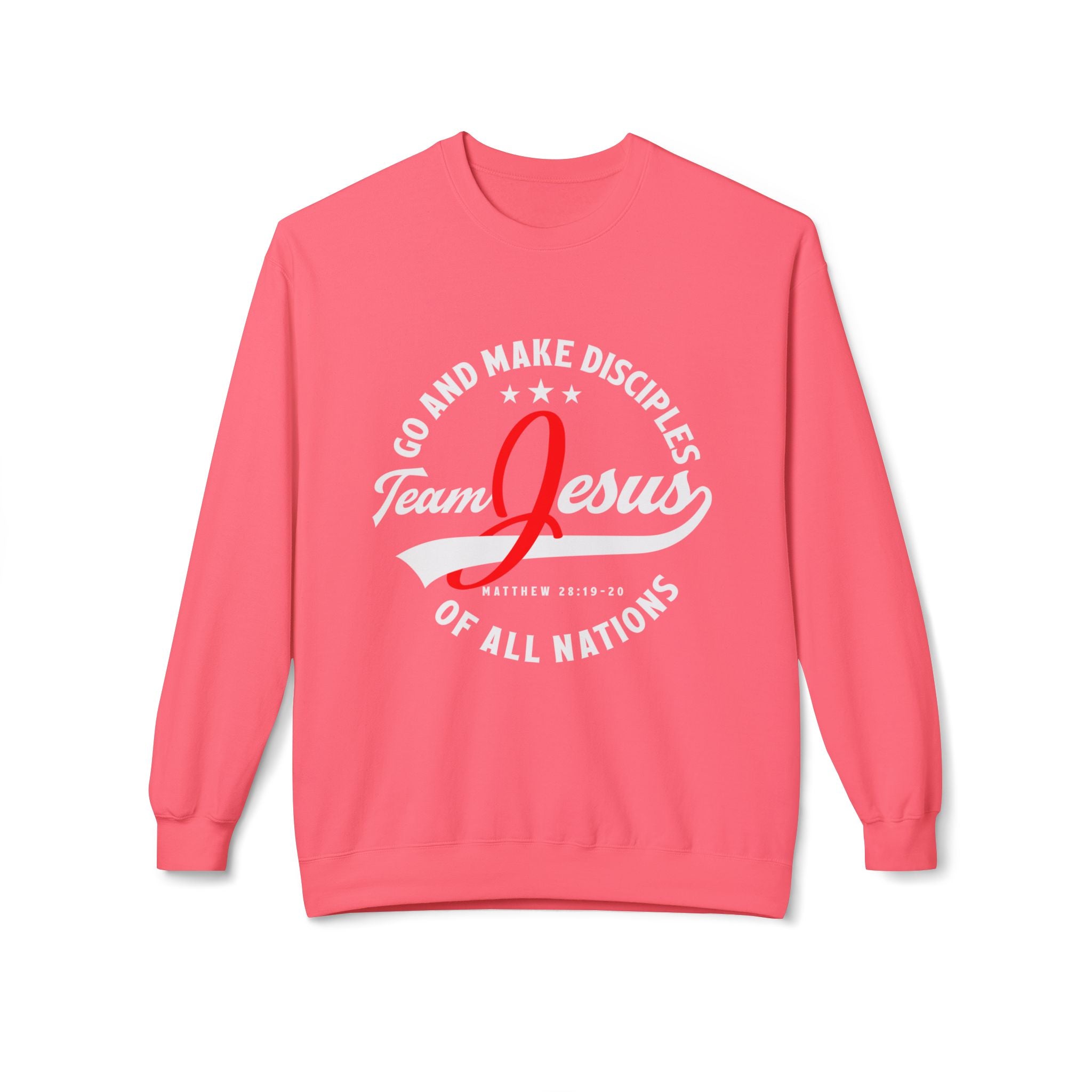 Unisex midweight softstyle fleece crewneck sweatshirt with "Team Jesus" print, in a casual fit, by Printify.