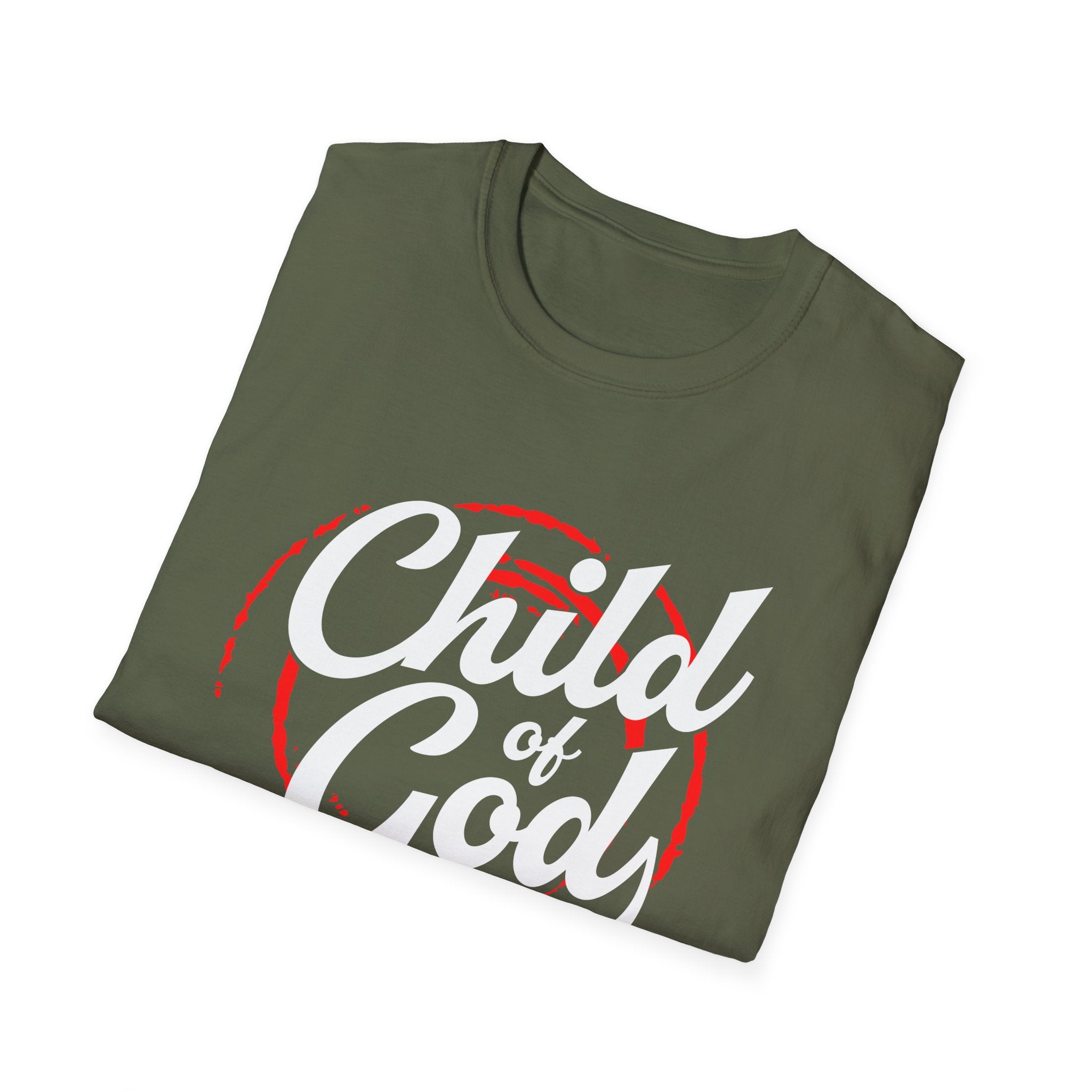 Unisex Softstyle T-Shirt by Printify featuring "Child of God" print in soft fabric, displayed on a white background.