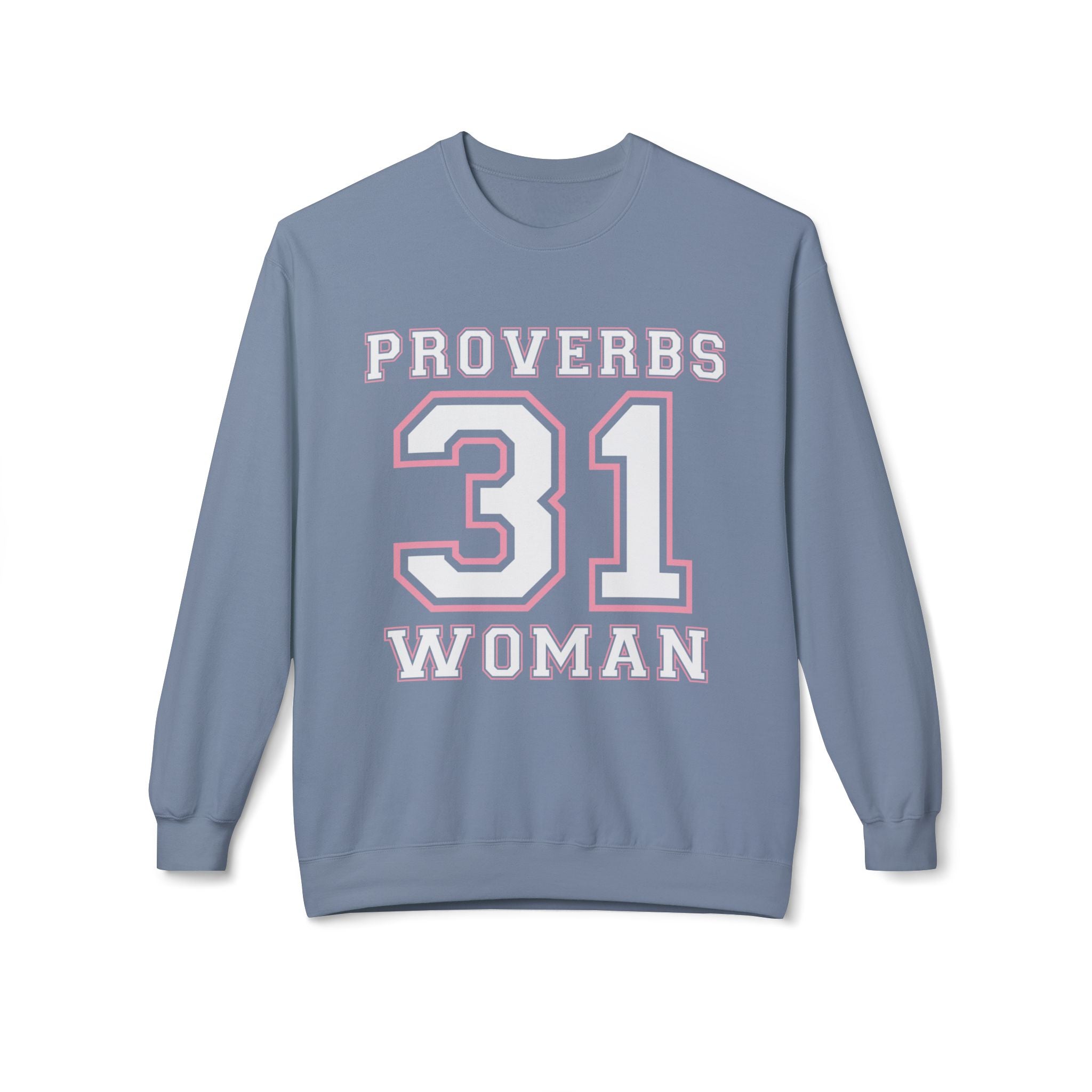 Unisex midweight softstyle fleece crewneck sweatshirt with Proverbs 31 Woman design by Printify, featuring a comfortable, casual fit.