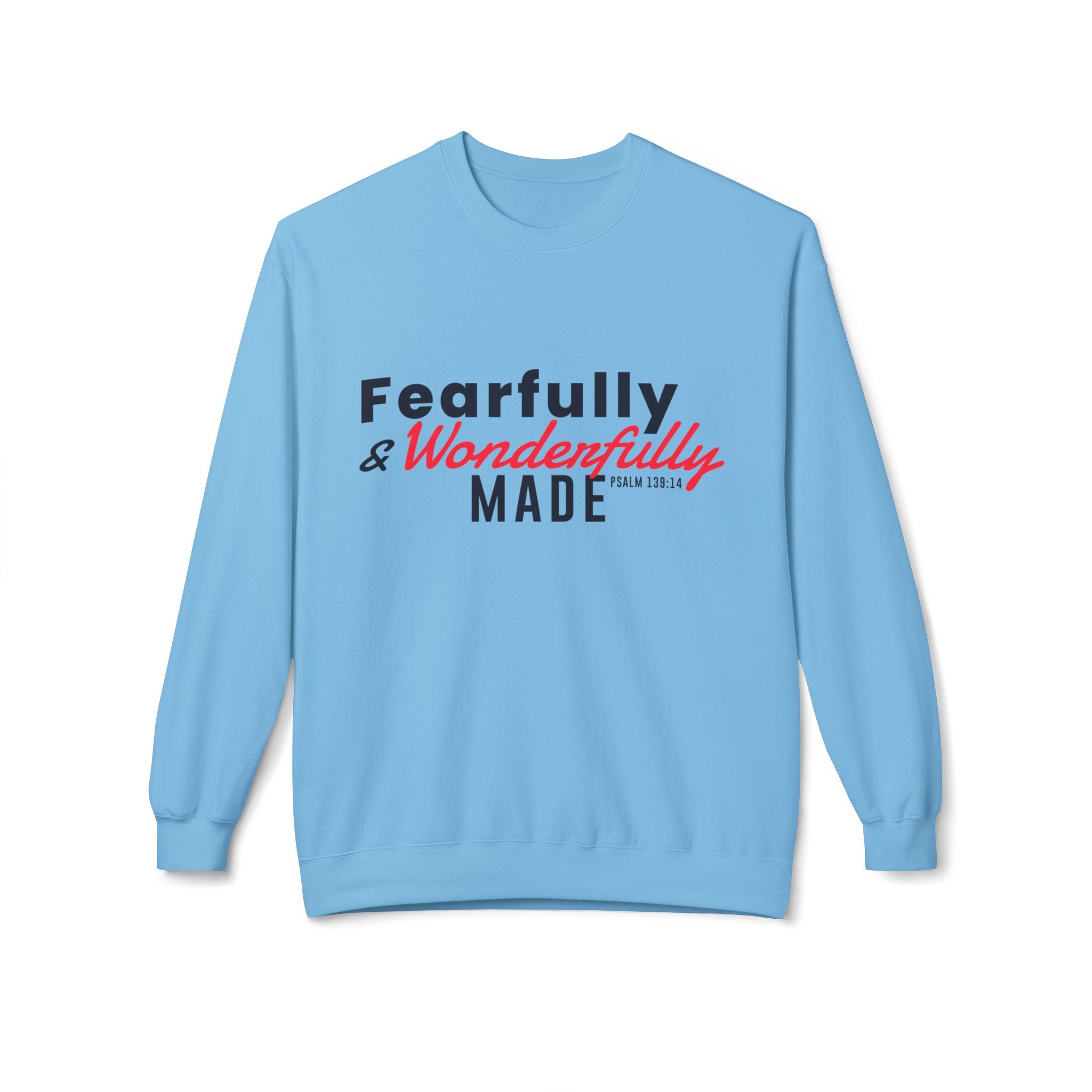 Unisex midweight softstyle fleece crewneck sweatshirt with "Fearfully and Wonderfully Made" print, by Printify.