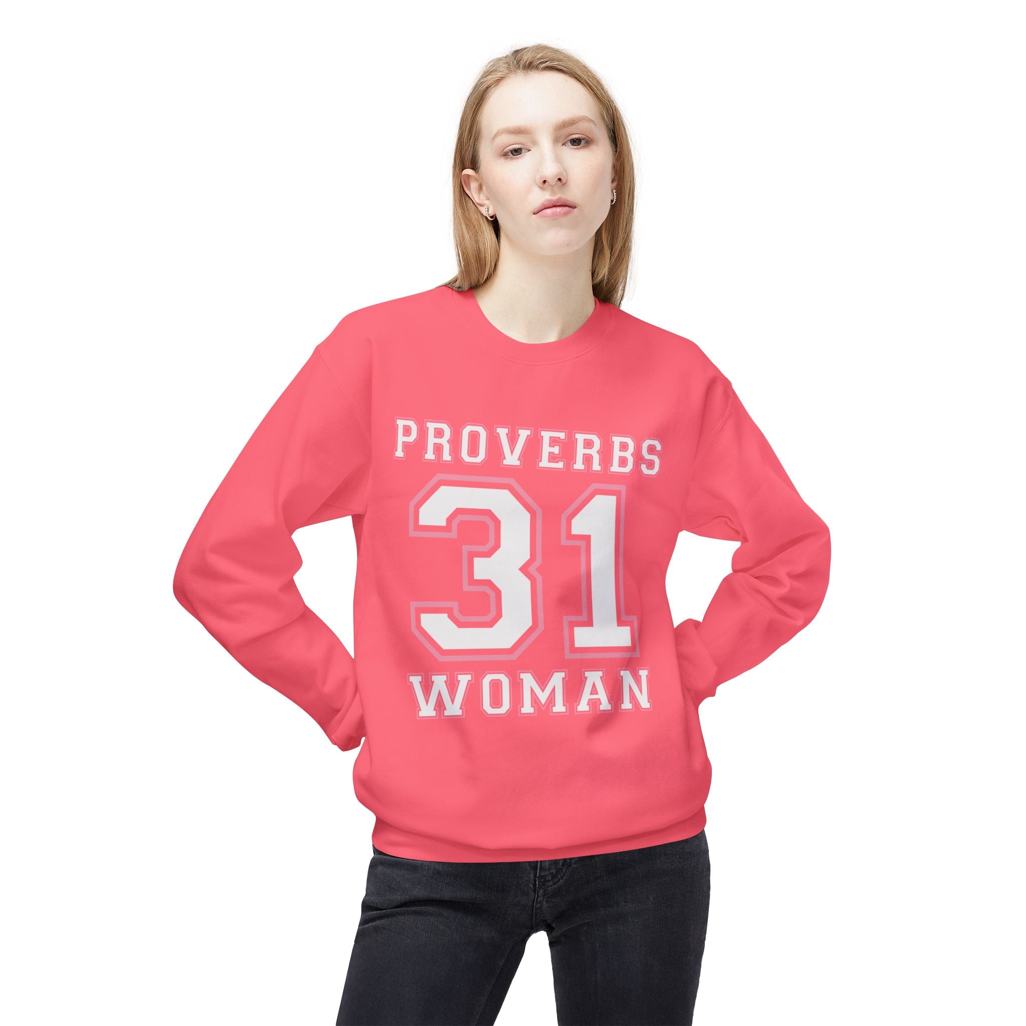 Unisex midweight softstyle fleece crewneck sweatshirt with Proverbs 31 Woman design, comfortable casual wear by Printify.