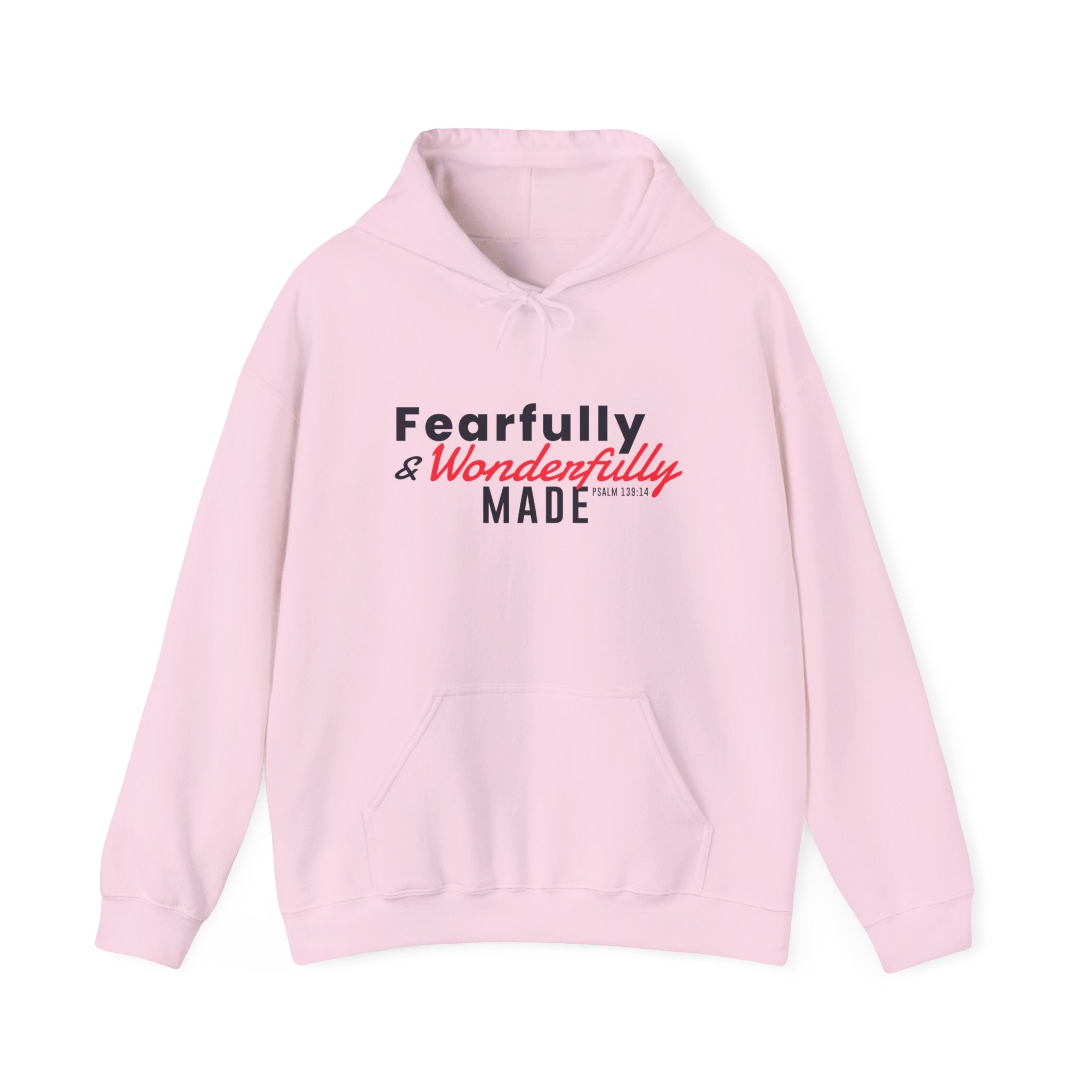 Unisex Heavy Blend hoodie featuring the "Fearfully and Wonderfully Made" design, printed by Printify, showing the front view.