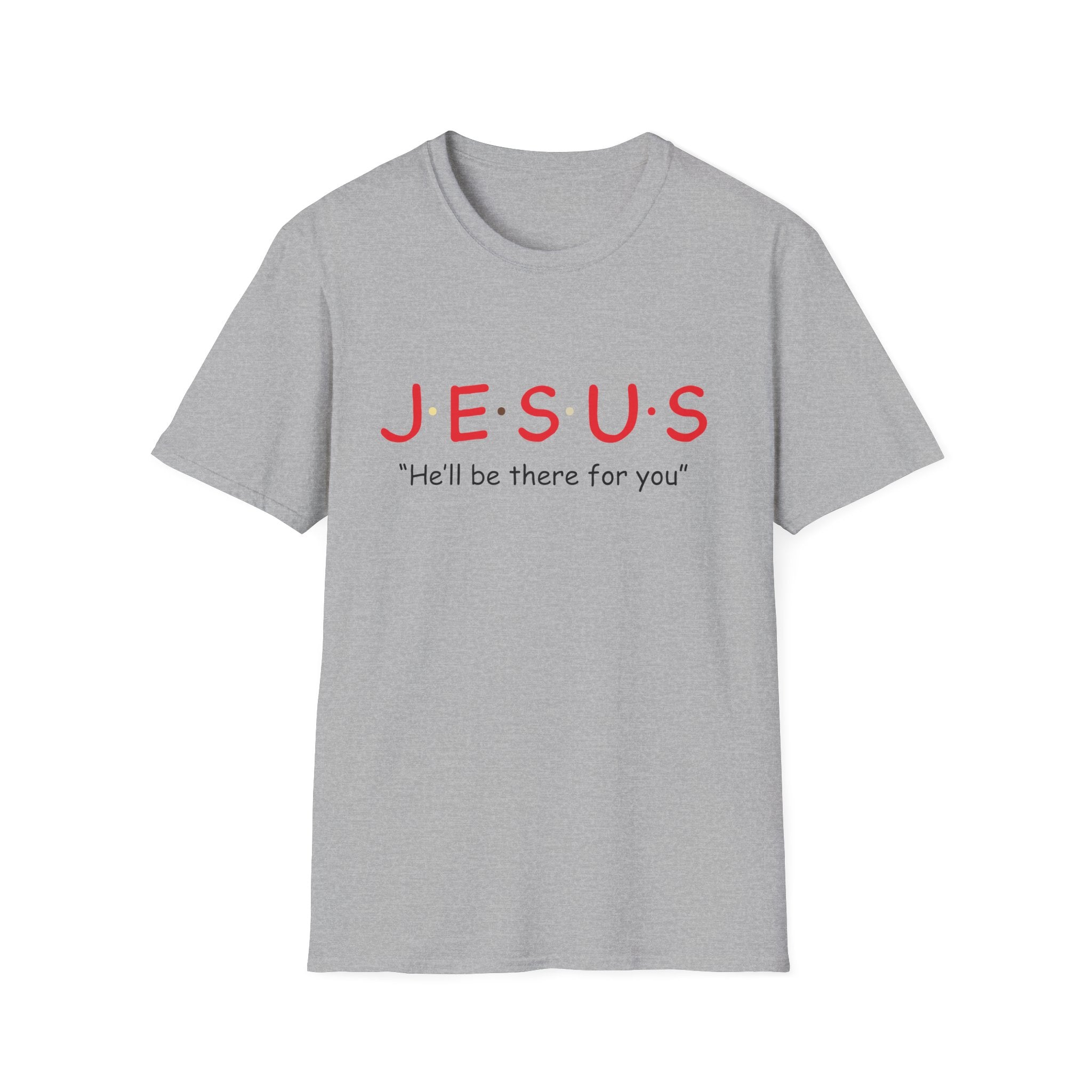 Unisex softstyle Jesus T-shirt by Printify featuring a graphic design with a comforting message about faith and support.