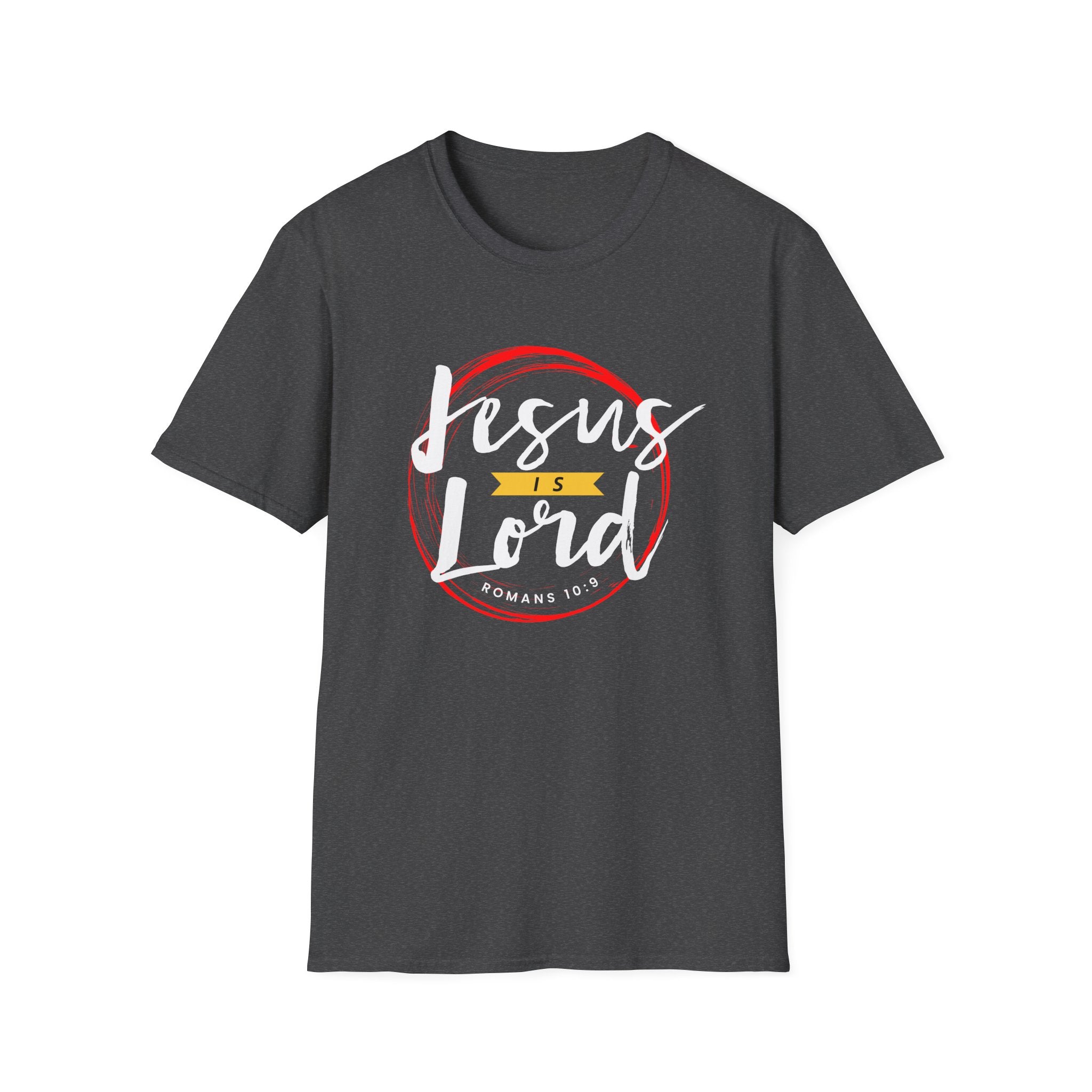 Unisex Softstyle T-Shirt featuring Jesus is Lord print in bold lettering, white fabric, casual fit, by Printify.