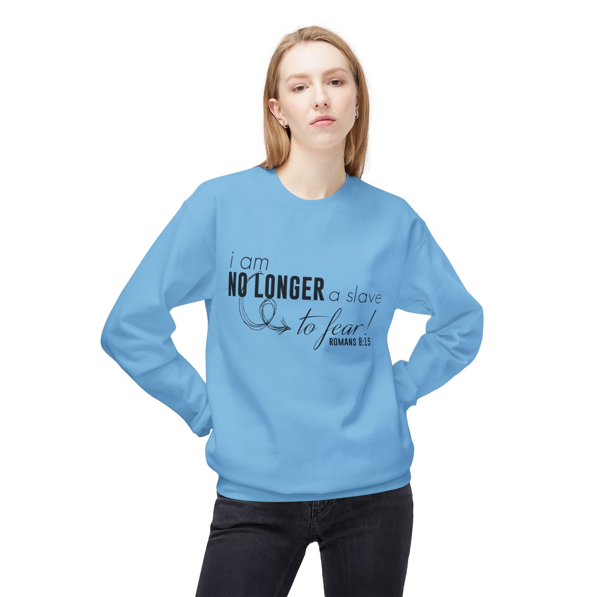 Unisex midweight softstyle fleece crewneck sweatshirt with "I am No Longer A Slave to Fear" quote, by Printify.