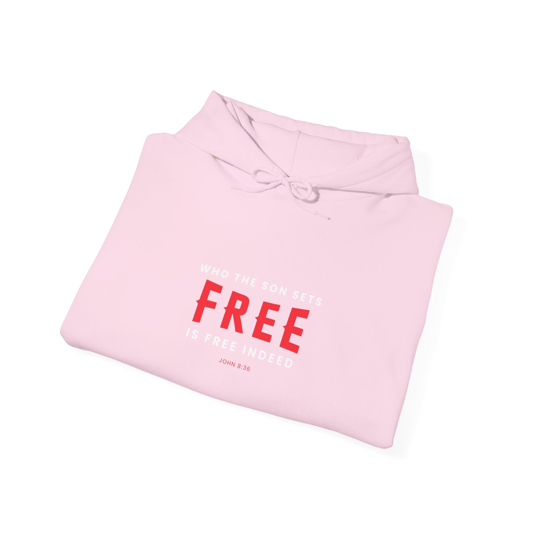 Unisex Heavy Blend™ hoodie with "Who the Son Sets Free is Free Indeed" printed design, made by Printify.