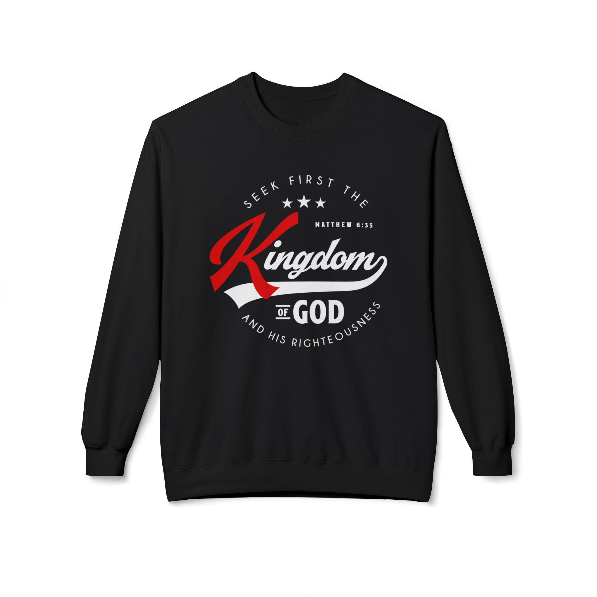 Unisex midweight softstyle fleece crewneck sweatshirt with "Seek First the Kingdom of God" printed design by Printify.