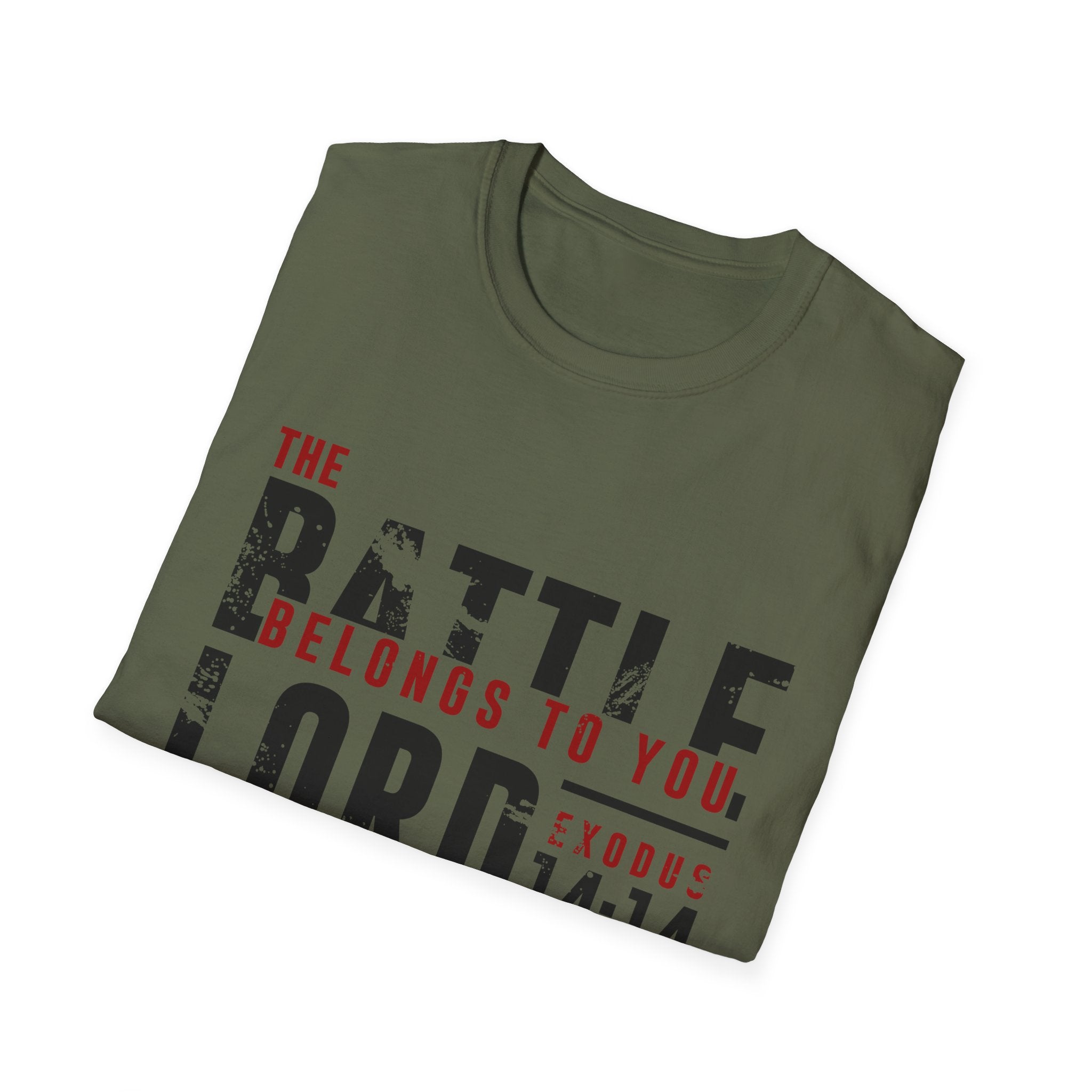 Unisex Softstyle T-Shirt featuring Christian message "The Battle Belongs to the Lord" in bold print, casual fit, and soft fabric.