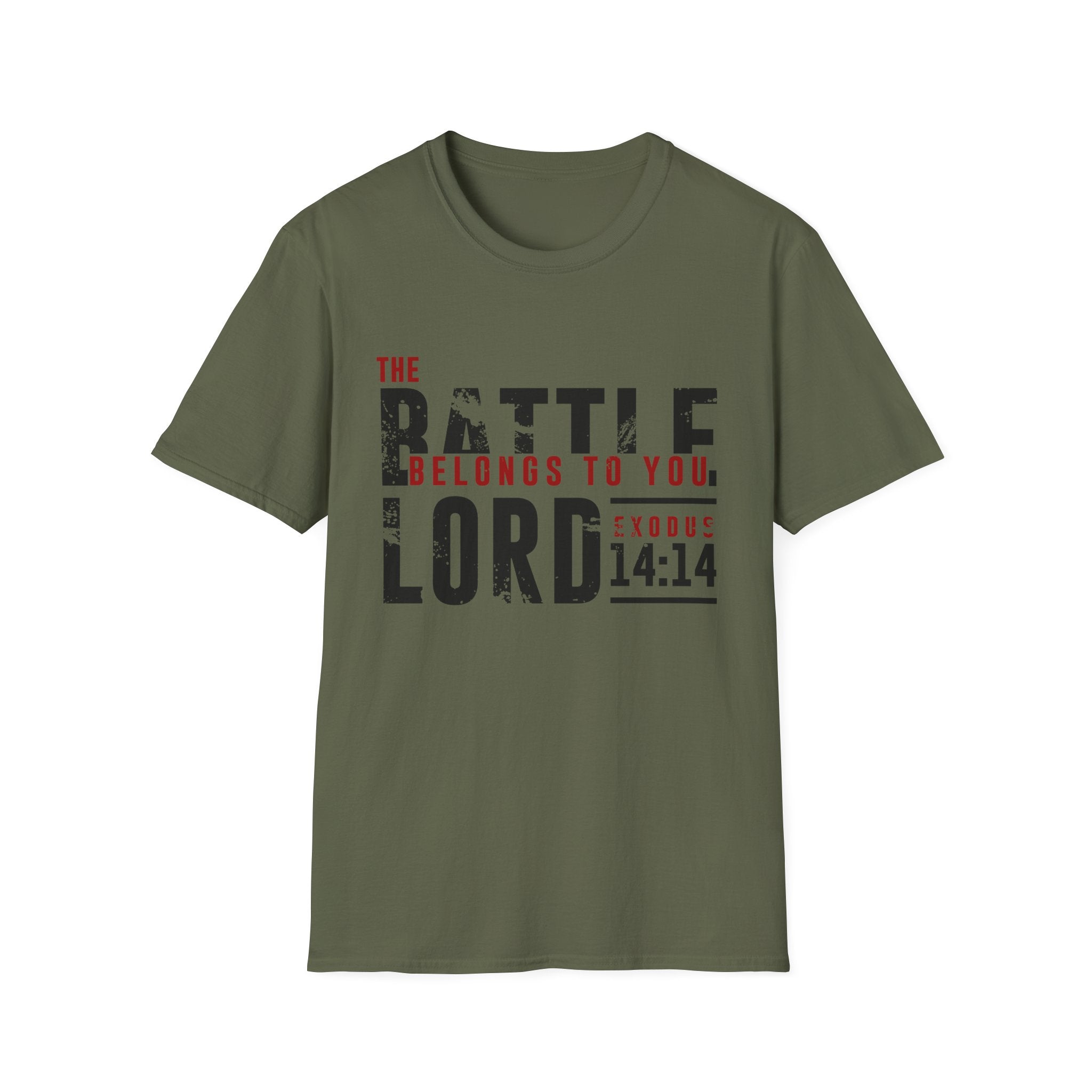 Unisex softstyle T-shirt with religious scripture design, featuring the phrase "The Battle Belongs to the Lord" printed in bold lettering.