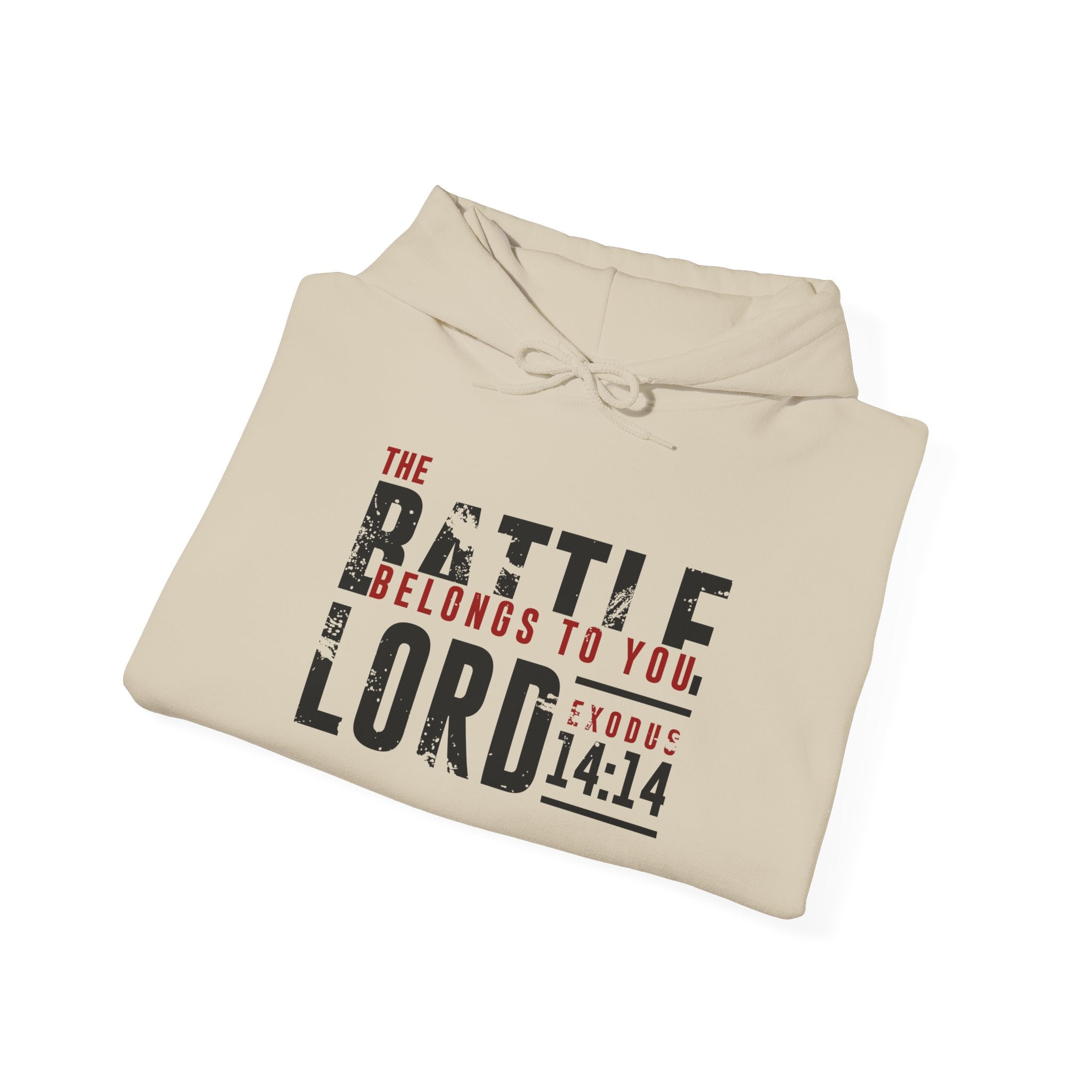 Unisex Heavy Blend™ Hoodie by Printify featuring a religious design with the text "The Battle Belongs to the Lord" on a gray sweatshirt.