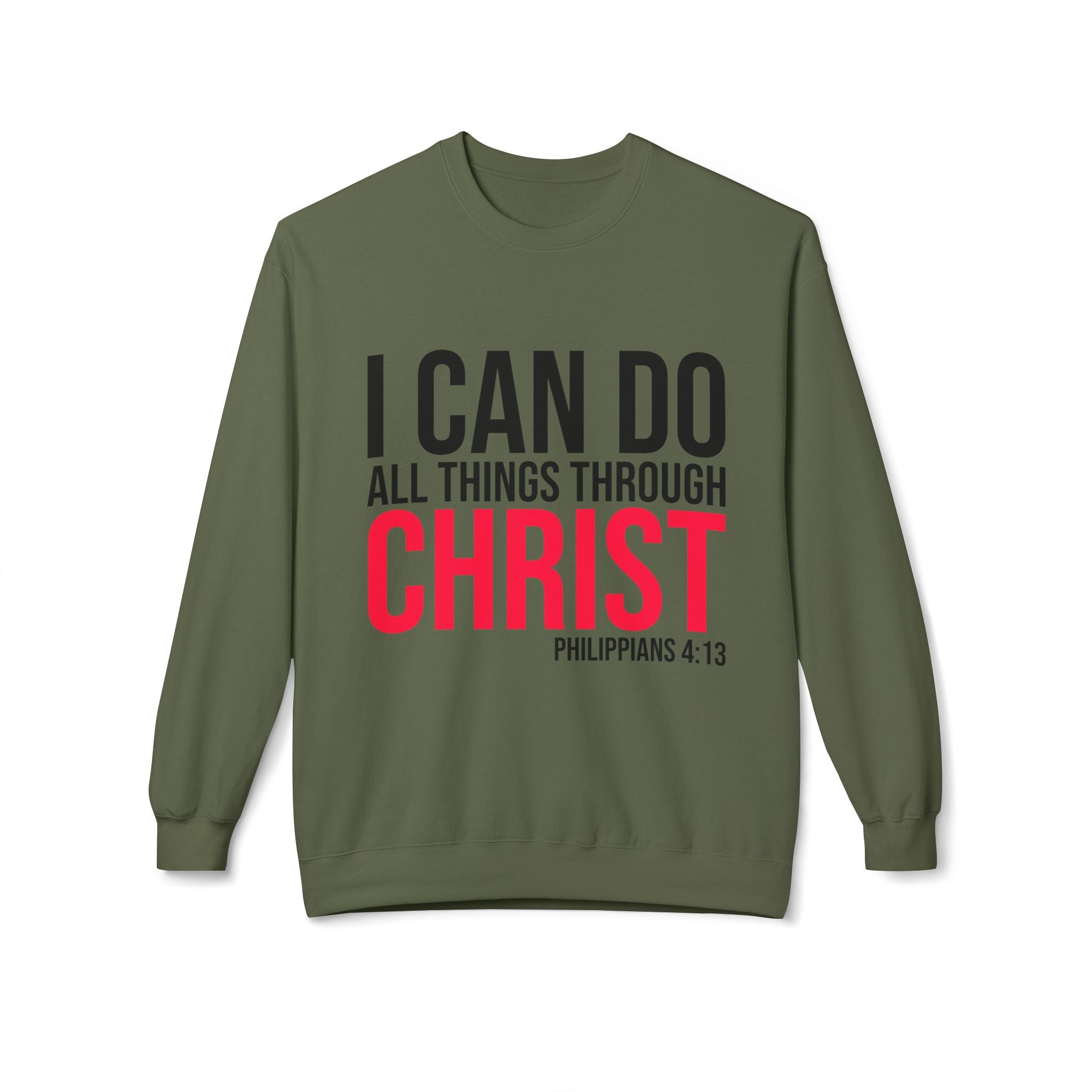 Unisex midweight softstyle fleece crewneck sweatshirt with "I Can Do All Things Through Christ" graphic in black print.