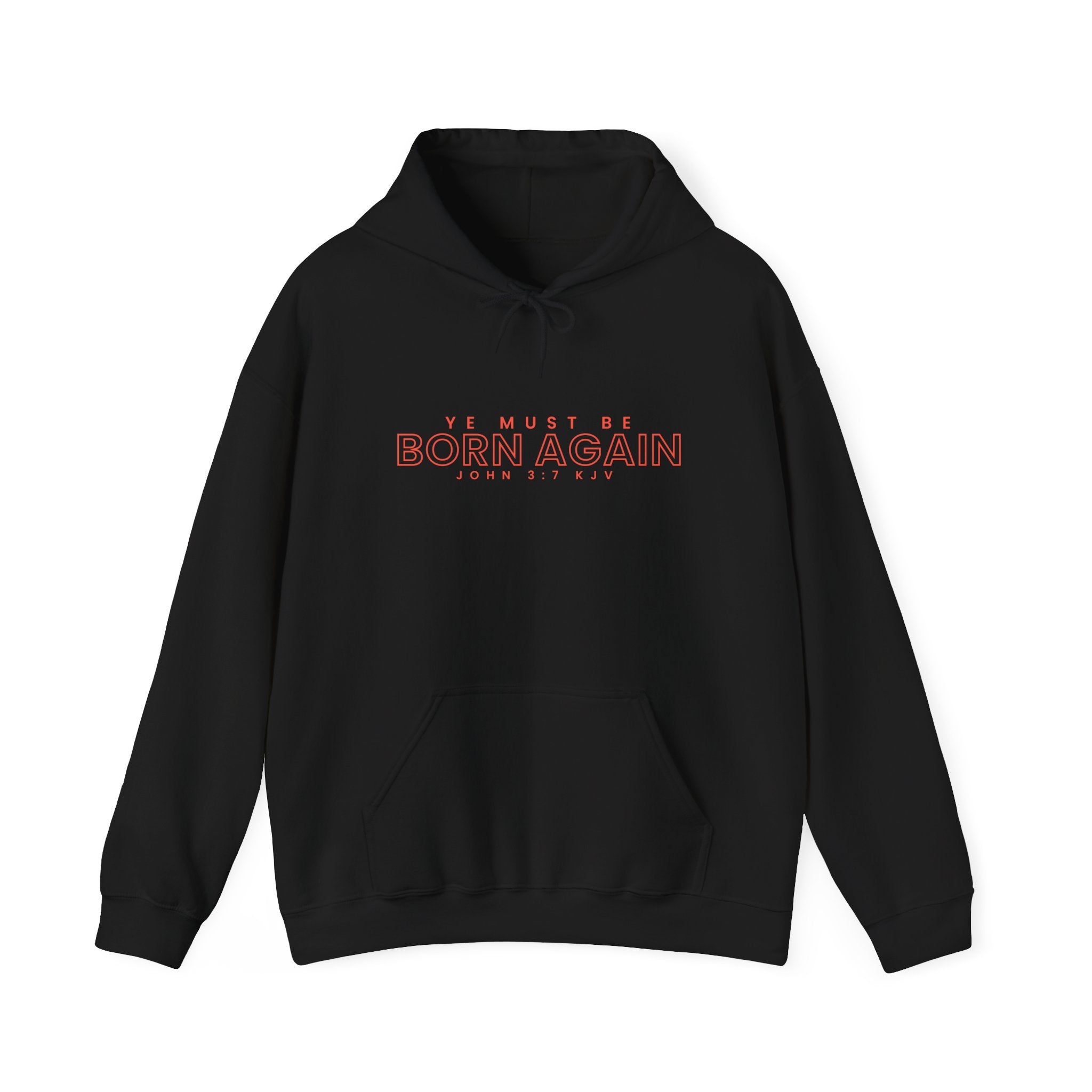 Unisex heavy blend hoodie with "Ye Must Be Born Again" printed design, made by Printify, shown in a front view.