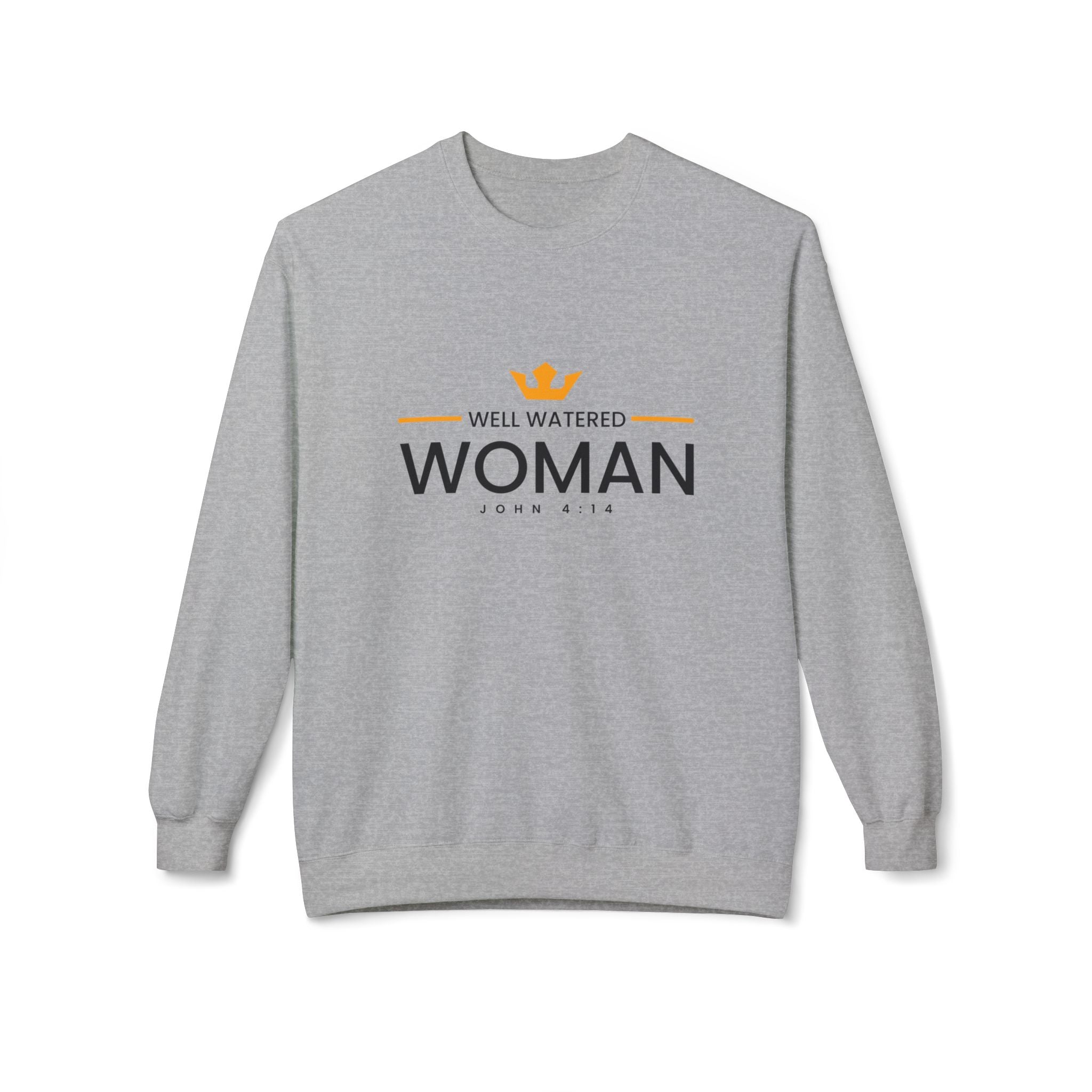 Unisex midweight softstyle fleece crewneck sweatshirt with "Well Watered Woman" print, black color, comfortable casual wear.