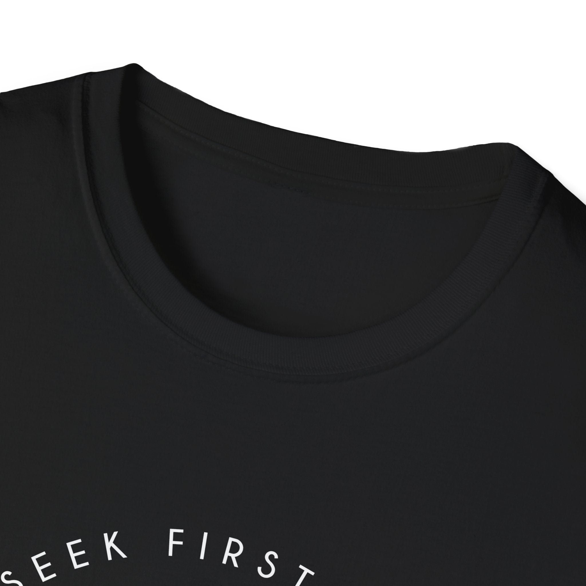 Unisex softstyle T-shirt with biblical quote "Seek First the Kingdom of God" printed on front, casual apparel by Printify.