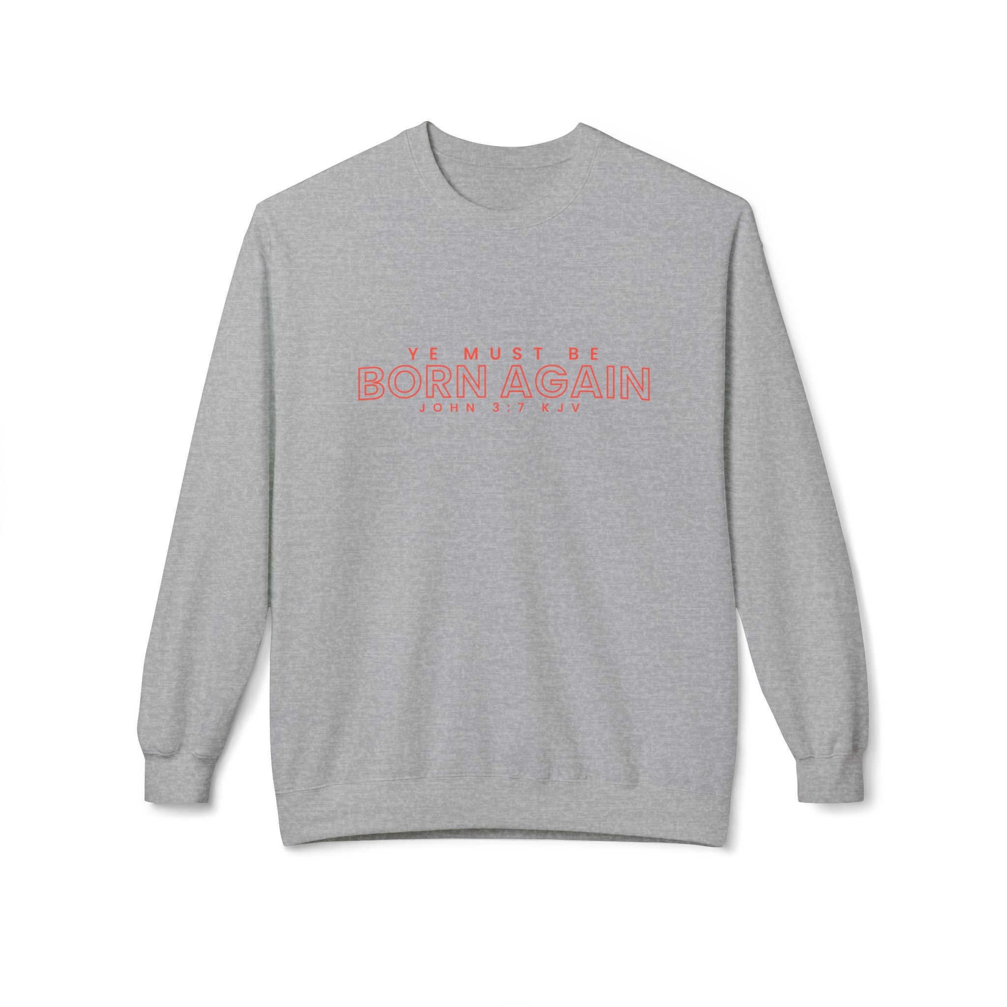 Unisex midweight softstyle fleece crewneck sweatshirt with "Ye Must Be Born Again" graphic, printed by Printify.