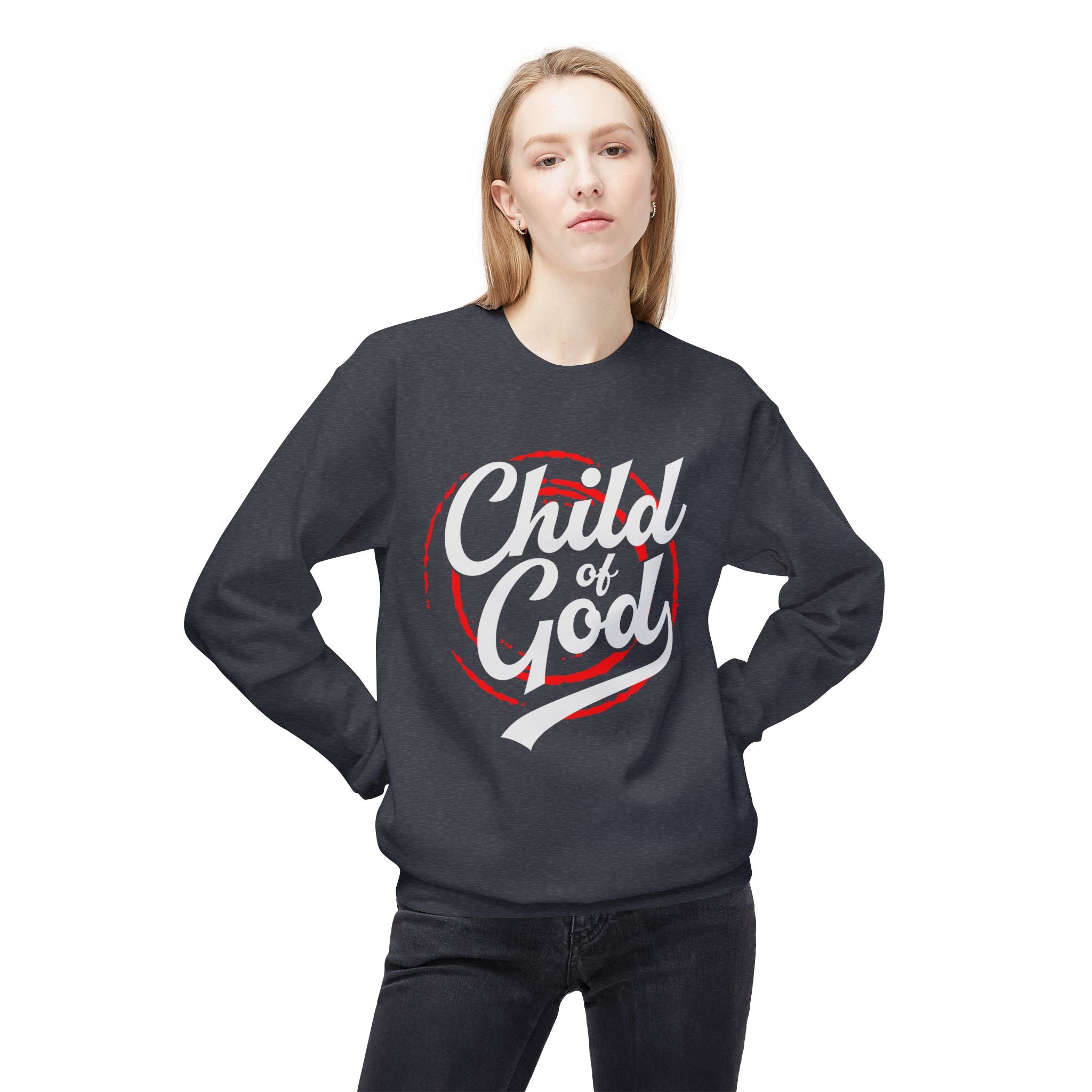 Unisex midweight softstyle fleece crewneck sweatshirt featuring "Child of God" design, in grey with ribbed cuffs and waistband.