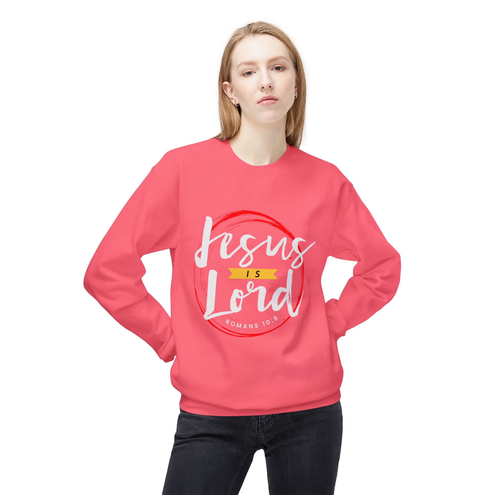 Unisex midweight softstyle fleece crewneck sweatshirt with "Jesus is Lord" printed on front, in black lettering
