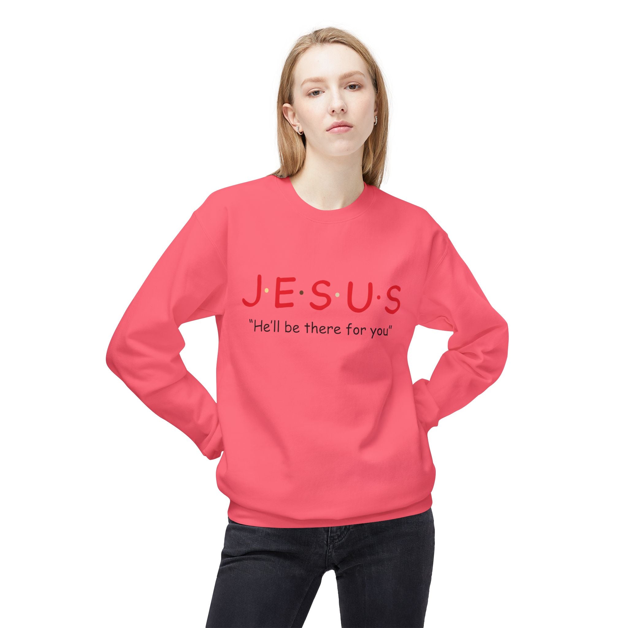 Unisex midweight softstyle fleece crewneck sweatshirt with Jesus He'll Be There For You print, comfortable casual wear by Printify