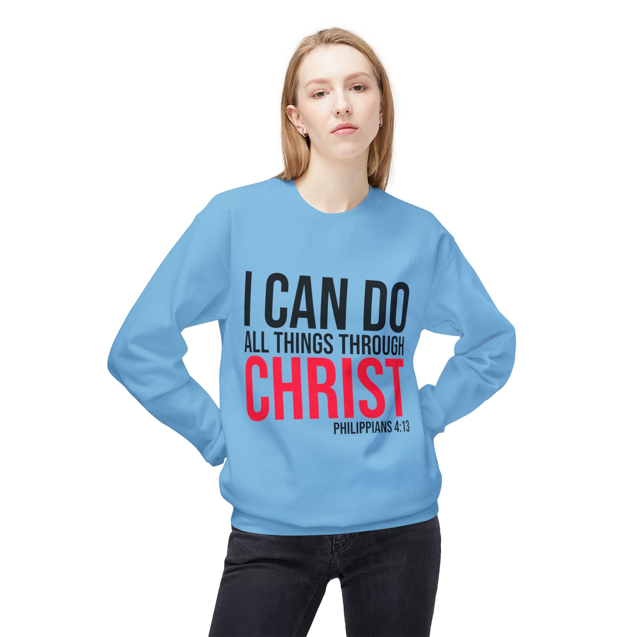 Unisex midweight softstyle fleece crewneck sweatshirt with "I Can Do All Things Through Christ" print by Printify.