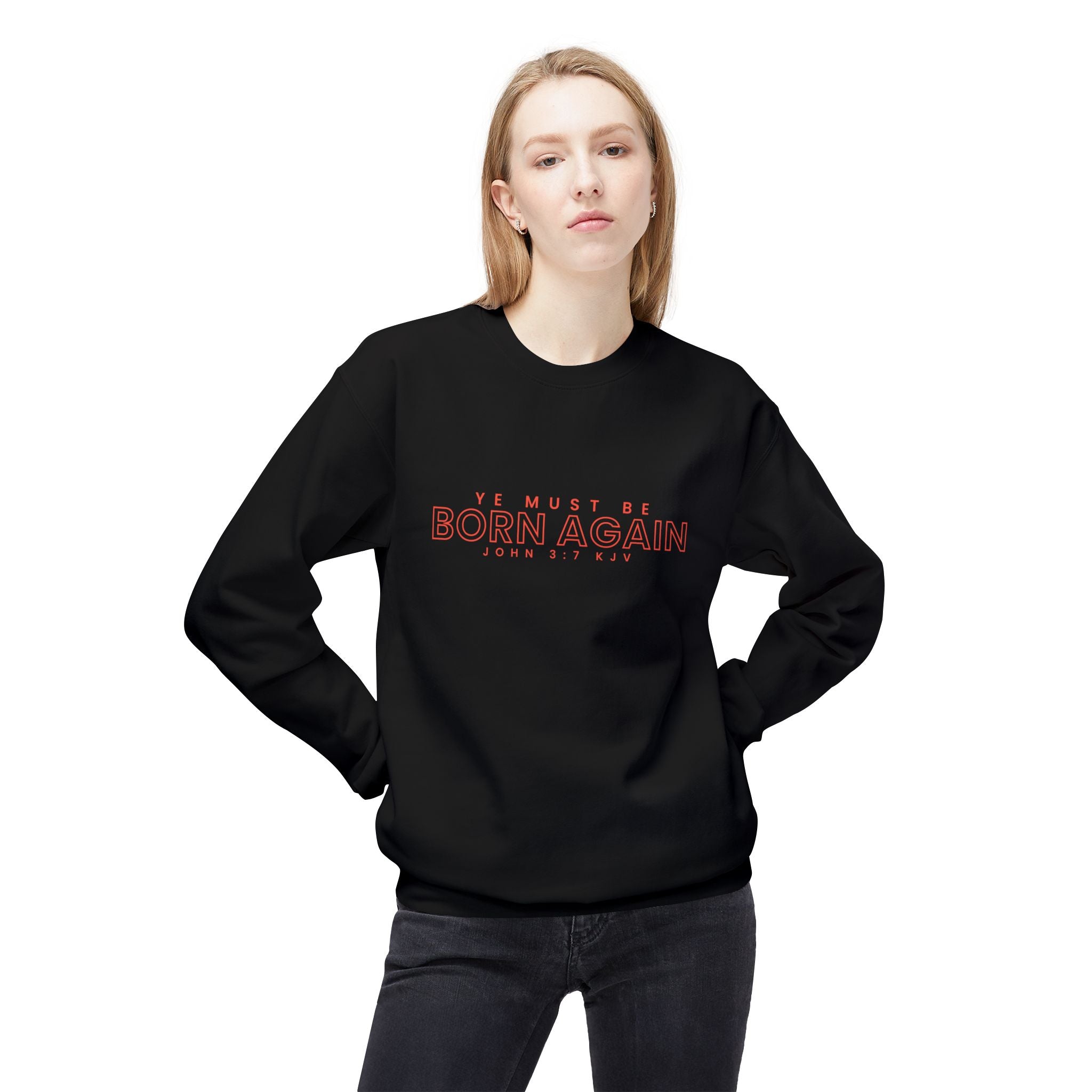 Unisex midweight softstyle fleece crewneck sweatshirt with "Ye Must Be Born Again" print in black on a gray fabric.