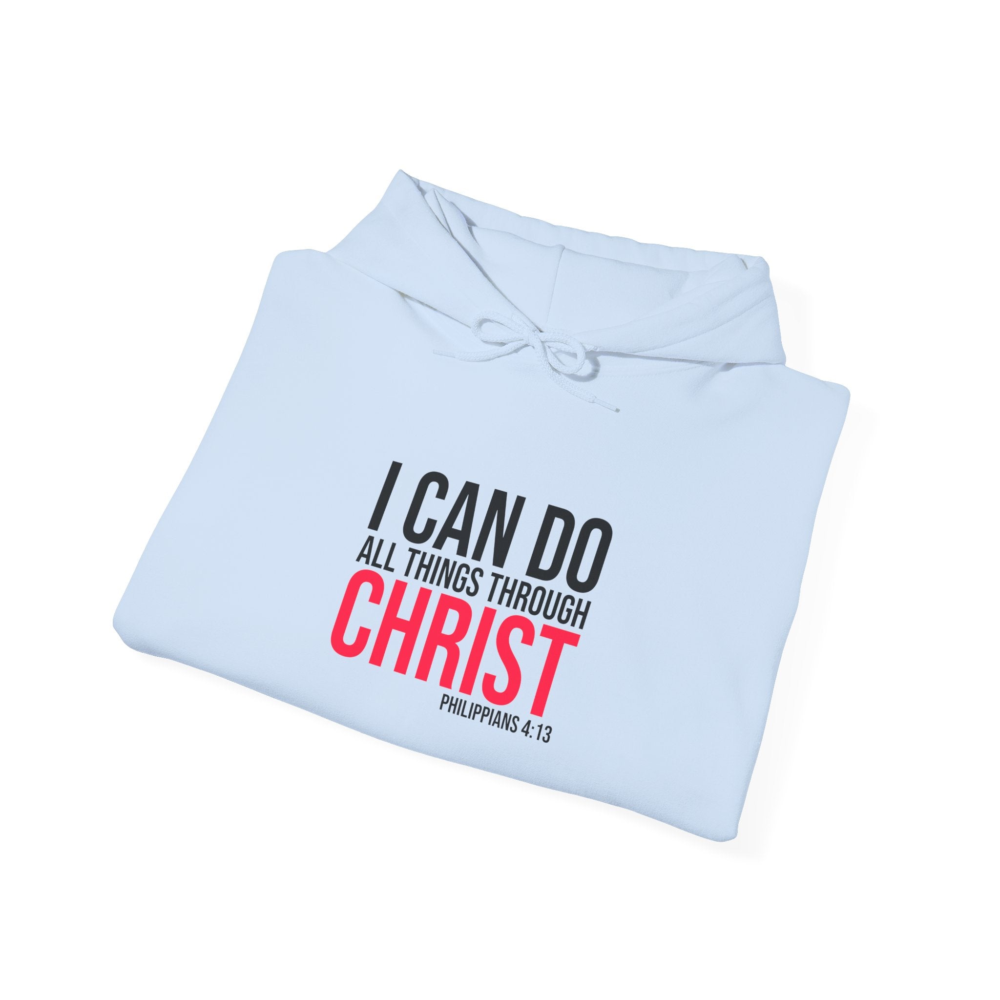 Unisex Heavy Blend hoodie with Christian quote "I Can Do All Things Through Christ" printed on front, by Printify.