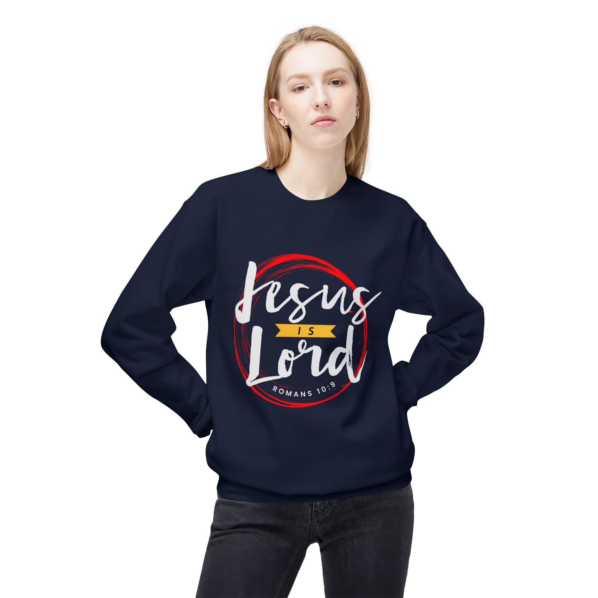 Unisex midweight softstyle fleece crewneck sweatshirt with "Jesus is Lord" printed on front in black lettering.